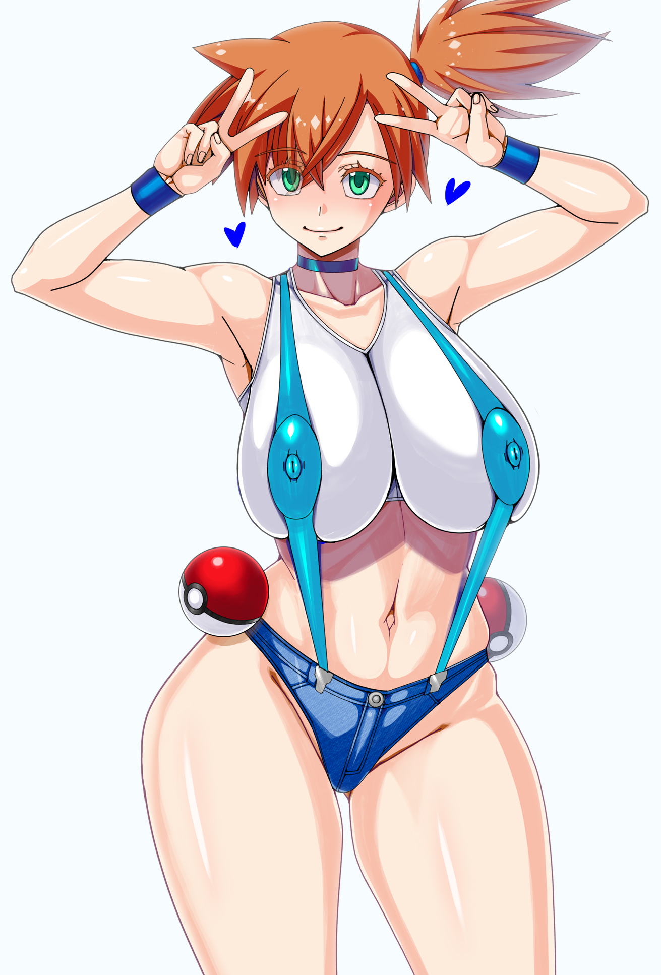 alternative bust size, areolae, armpits, asymmetrical hair, breasts, child bearing hips, creatures (company), curvy, denim, denim shorts, double v, female, game freak, green eyes, heart, huge breasts, kasumi (pokemon), kinokoallstars, large breasts, looking at viewer, midriff, navel, nintendo, nipples, orange hair, pokemon, pokemon (anime), pokemon (classic anime), ponytail, puffy areolae, shirt, short shorts, shorts, side ponytail, smile, solo, suspenders, thick thighs, thighs, tied hair, v, wet, white shirt, wide hips