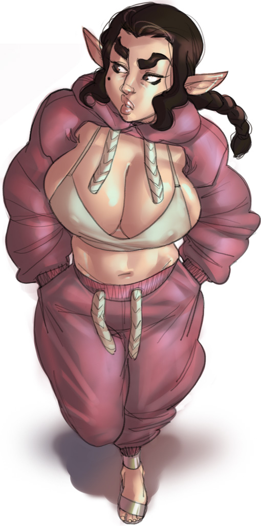 alfie_(comic) black_hair breasts cardi_b cleavage clothed cosplay covered_nipples cropped_hoodie halfling halfling_female hands_in_pockets huge_breasts milf mole mole_under_eye navel ph pointy_ears sandals shortstack shrug_(clothing) single_braid source_request tank_top thick_eyebrows track_pants vera_tolman