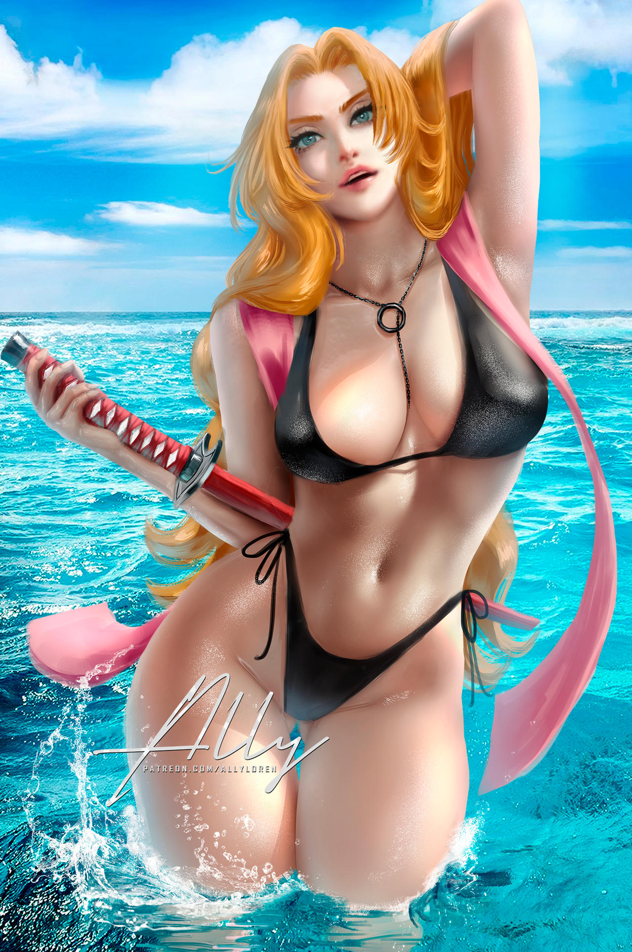 1girls, ally loren, beach, bikini, bleach, blue eyes, breasts, female, female only, fully clothed, huge breasts, long hair, looking at viewer, matsumoto rangiku, ocean, orange hair, revealing clothes, seaside, solo, swimsuit, sword, voluptuous