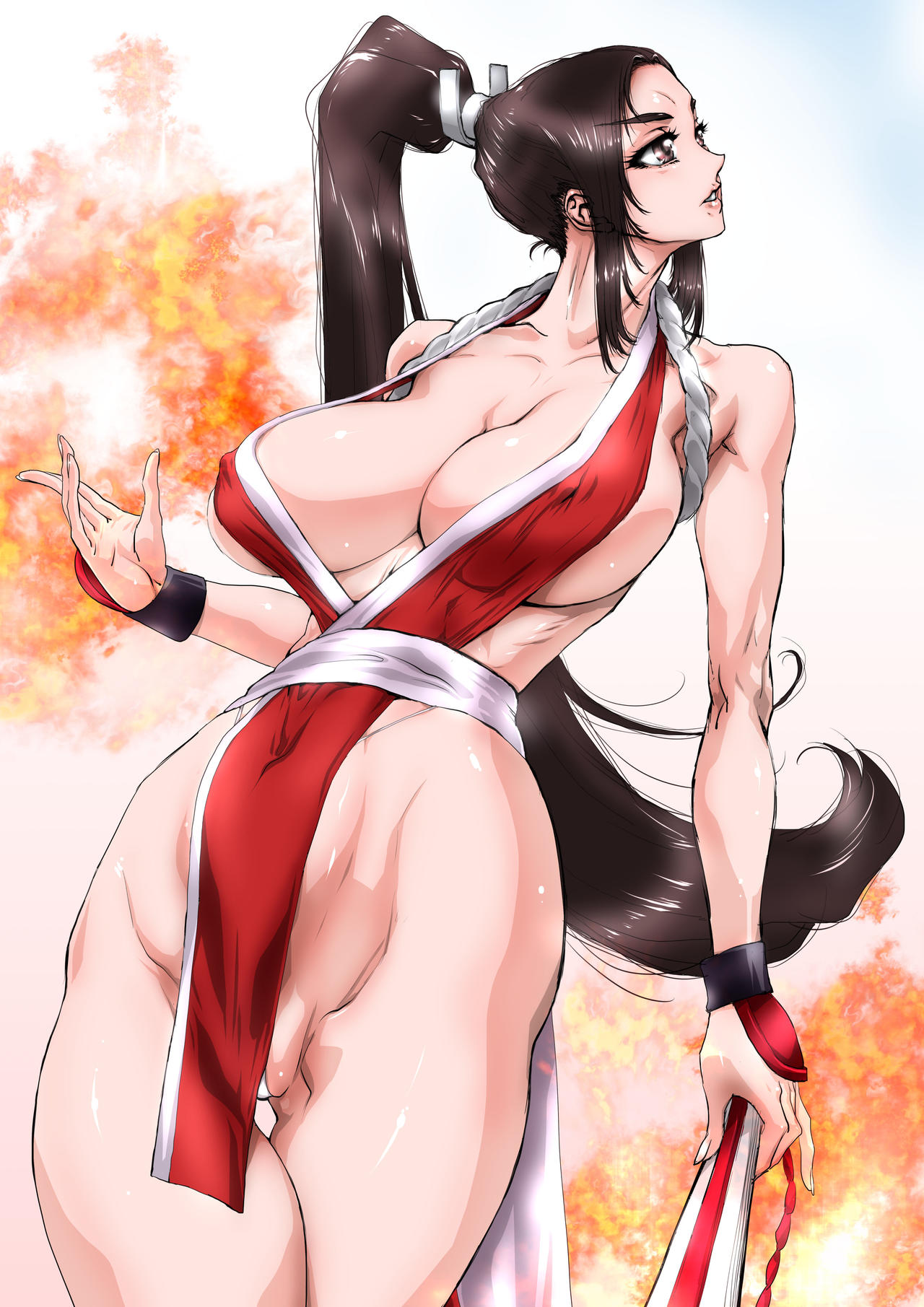 1girls brown_eyes brown_hair fatal_fury fit_female huge_breasts king_of_fighters loincloth long_hair mai_shiranui ponytail voluptuous yuri-ai