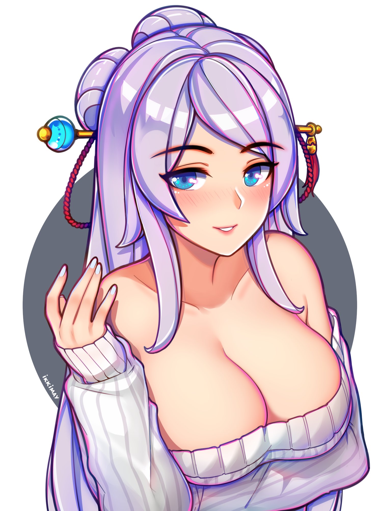 1girls, 2d, bare shoulders, big breasts, blue eyes, blush, blush lines, blushing at viewer, breasts, cleavage, double bun, eye contact, female, female only, hair ornament, ikkimay, large breasts, lian (paladins), light skin, light-skinned female, long hair, looking at viewer, paladins, simple background, smile, smiling at viewer, solo, solo female, sweater