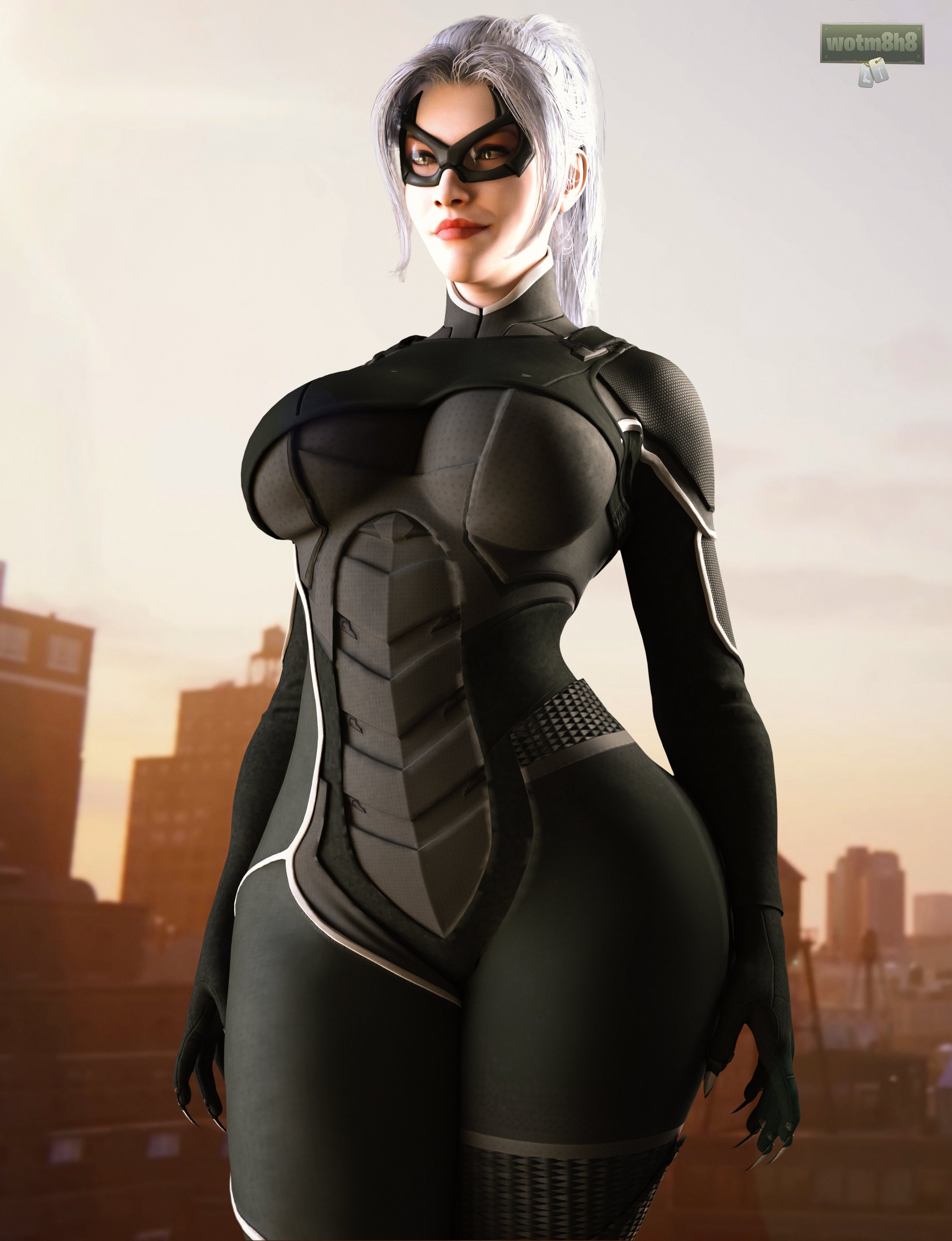 1girls, 3d, big breasts, black cat (insomniac), black cat (marvel), black clothing, body armor, breasts, felicia hardy, female, female only, goggles, marvel, marvel comics, smirking, spider-man (ps4), spider-man (series), superhero costume, thick thighs, white hair, wide hips, wotm8h8