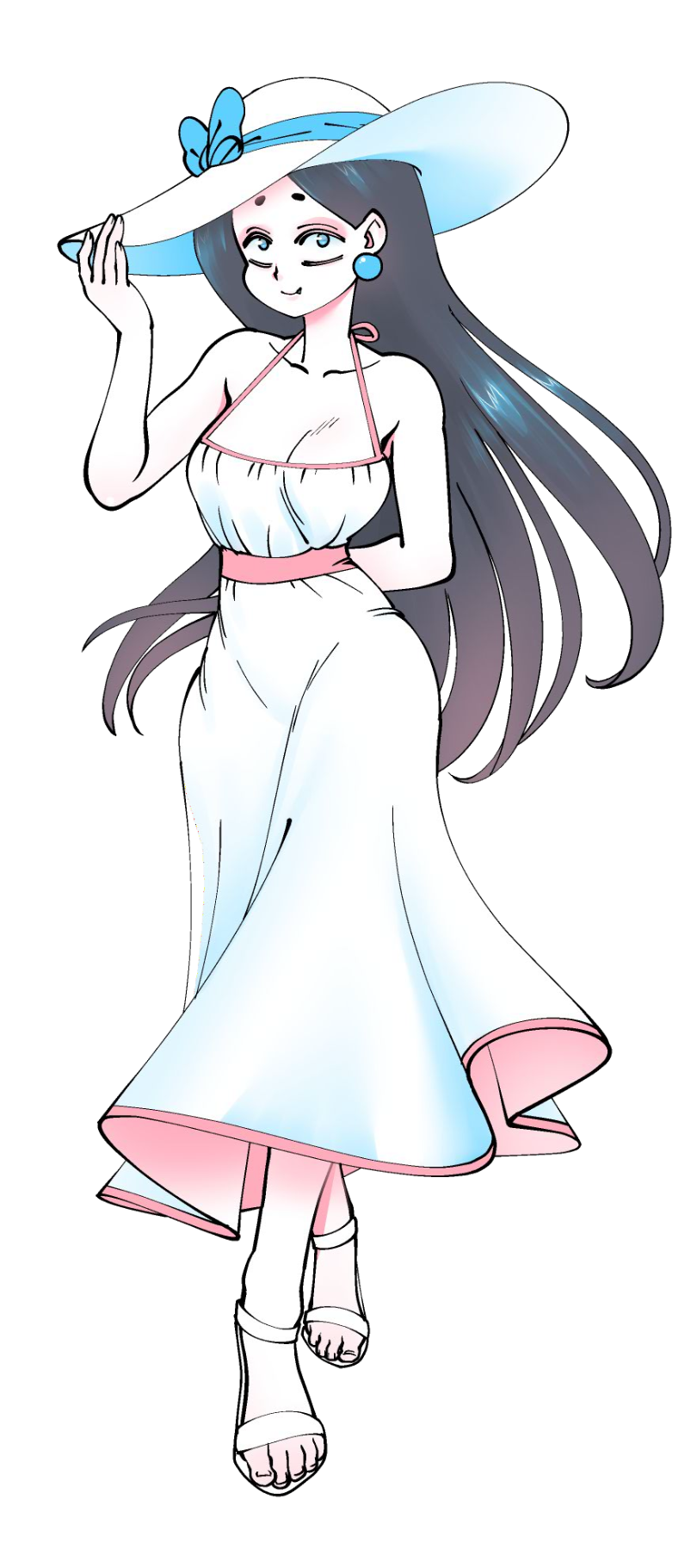 1girls black_hair blue_eyes color colored dress earrings ghost ghost_girl hat sandals smile summer_dress sundress supersatanson tagme white_dress white_hat