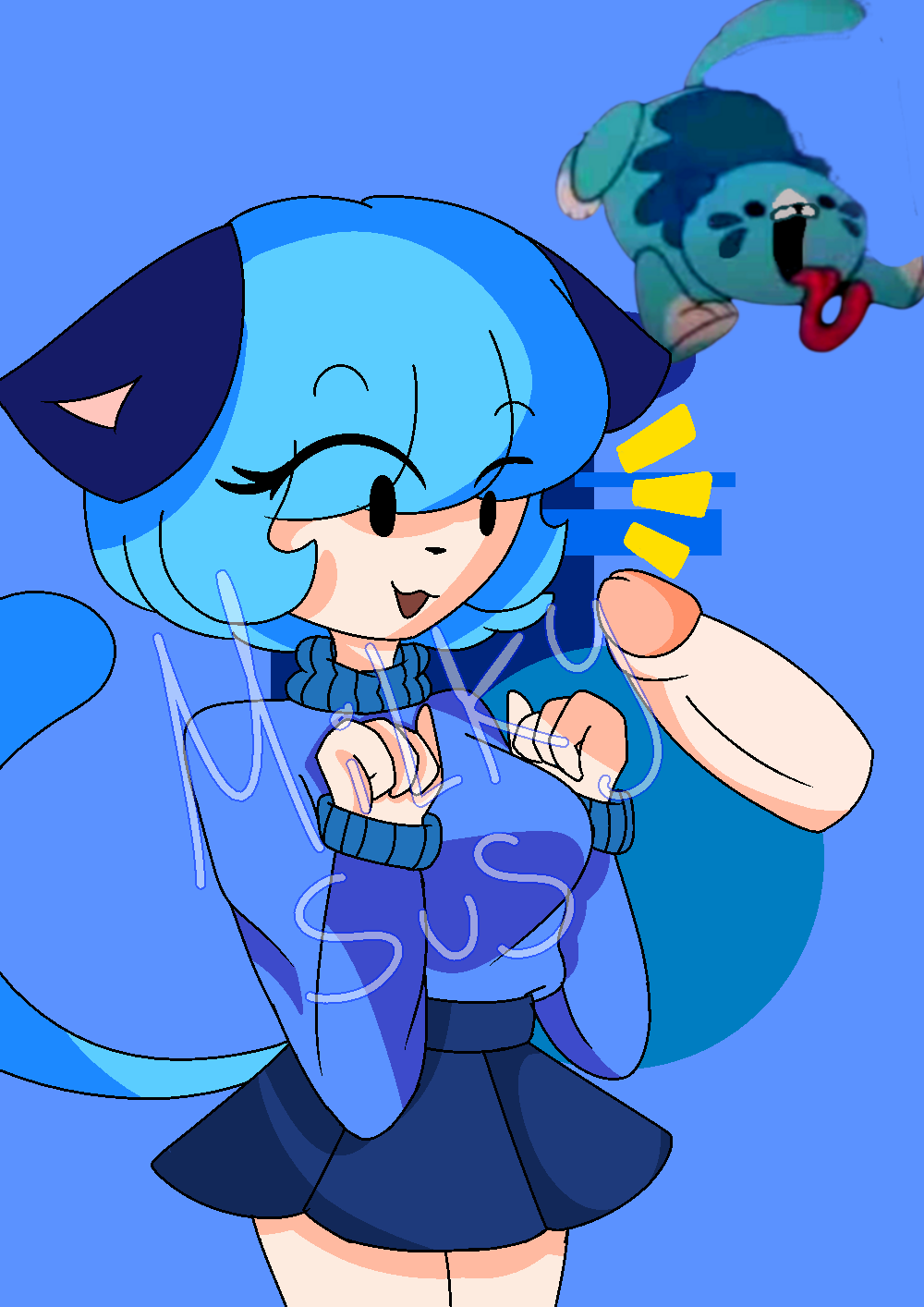 2021 :3 big_penis black_eyes blue_clothes blue_hair candy_cat_(poppy_playtime) cat_ears cat_tail catgirl humanized milkysus penis poppy_playtime reference_image short_hair surprised_expression sweater watermark