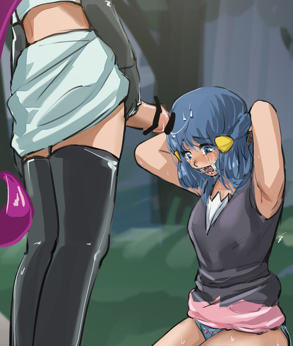 1futa, 1girls, armpits, big penis, bondage, bound, censor bar, censored, clothed, clothing, crying, crying with eyes open, dawn (pokemon), erection, female, female focus, futa on female, futanari, gag, gagged, imminent oral, imminent rape, intersex, jessie (pokemon), kneeling, light skin, light-skinned female, light-skinned futa, mostly clothed, mouth hold, open mouth gag, pale skin, panties, penis, pointless censoring, pokemon, raitaroo, ring gag, solo focus, standing, sweat