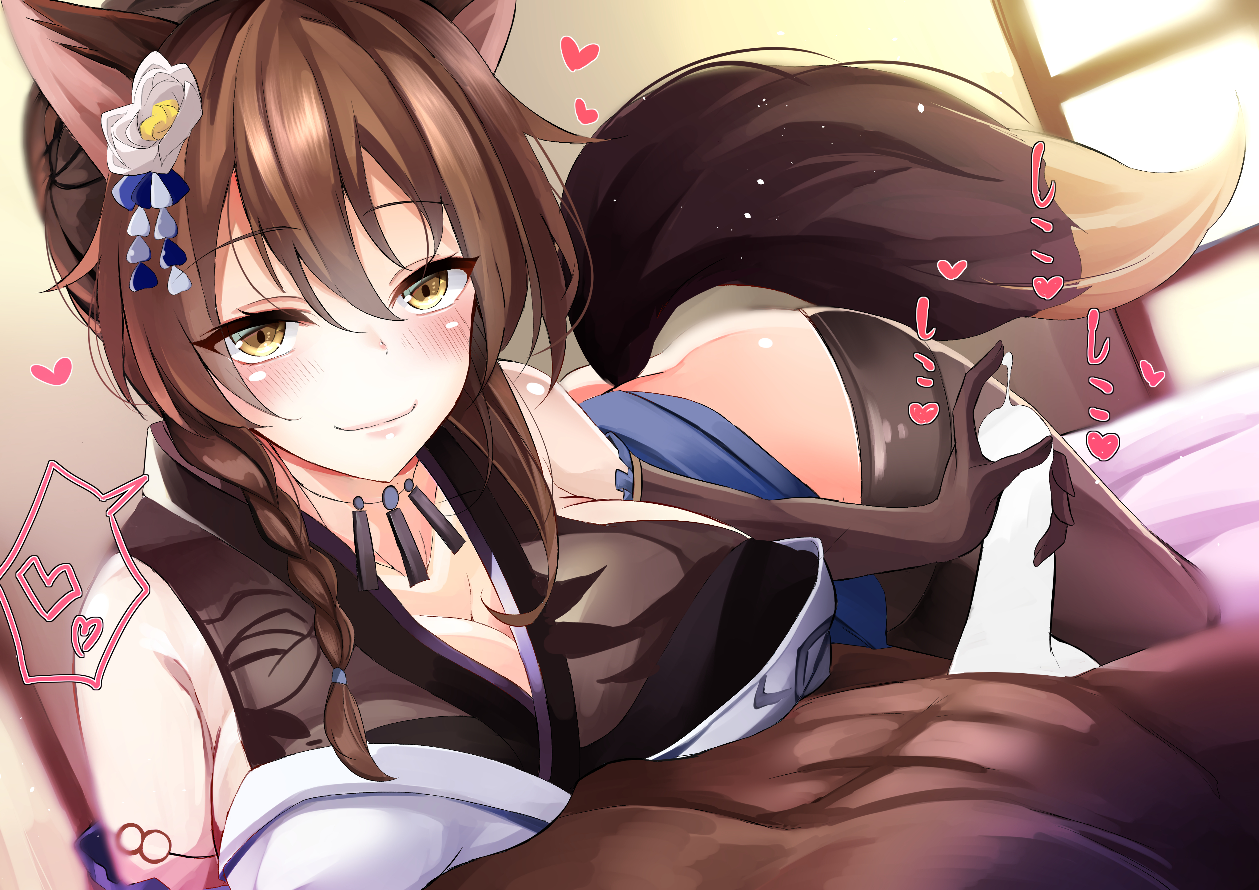 1boy, 1girls, absurdres, animal ears, ass, bangs, bare shoulders, bed, black legwear, black shirt, blue skirt, blush, braid, breast press, breasts, brown hair, cleavage, clothes lift, cum, dark skin, dark-skinned male, dutch angle, eyebrows visible through hair, female, flower, fox ears, fox girl, fox tail, fumi (nijisanji), glansjob, gloved handjob, gloves, hair between eyes, hair flower, hair ornament, handjob, heart, highres, indoors, interracial, japanese clothes, jewelry, large breasts, light skin, light-skinned female, long hair, looking at viewer, male, mikoto (stbk), necklace, nijisanji, no panties, official alternate costume, on bed, penis, pov, shirt, side braid, skirt, skirt lift, smile, straight, tail, thighhighs, virtual youtuber, white flower, yellow eyes