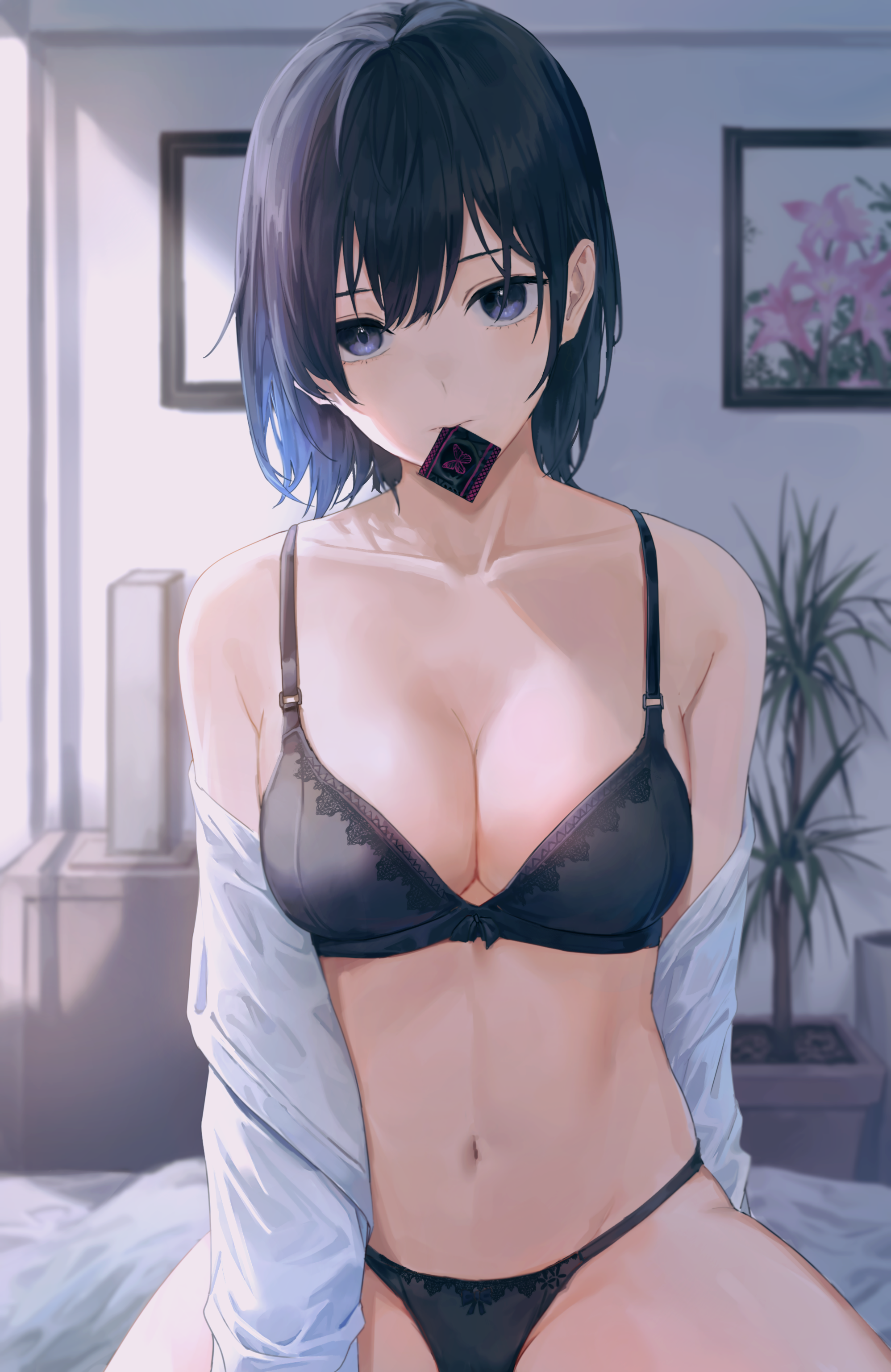 absurdres, bangs, bario, bed sheet, bedroom, black bra, black hair, black panties, blue eyes, bra, breasts, cleavage, clothes down, collarbone, condom, condom in mouth, condom wrapper, female, highres, lace-trimmed bra, looking at viewer, medium breasts, medium hair, mouth hold, navel, off shoulder, original, panties, partially clothed, picture frame, plant, sitting, solo, sunlight, underwear, underwear only