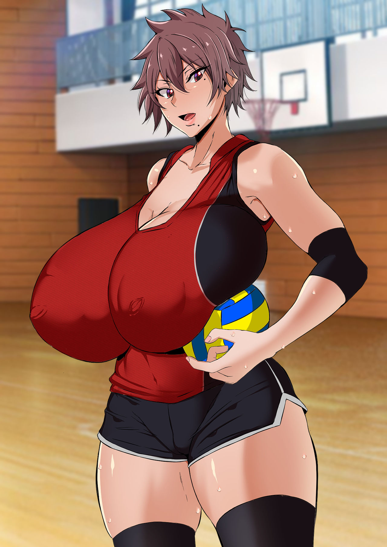 1girls, big breasts, breasts, female, female only, giant breasts, gigantic breasts, holding, holding ball, huge breasts, large breasts, massive breasts, mucc, short hair, solo, standing, thick thighs, thighhighs, thighs, very short hair, volleyball, volleyball uniform, yukari-chan (mucc)