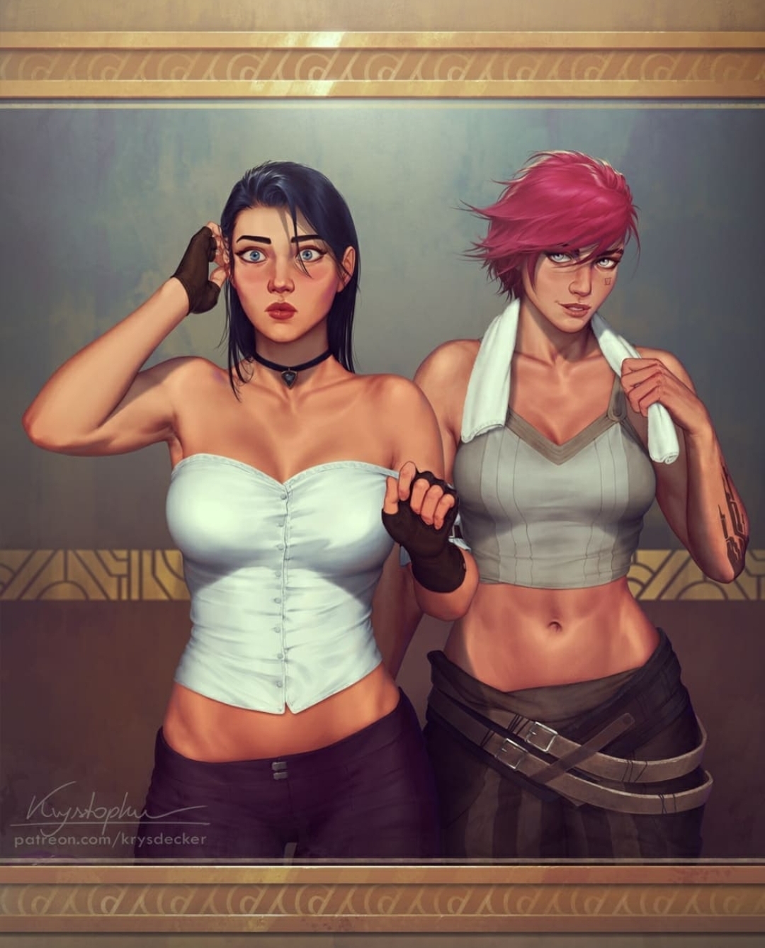 2girls, arcane, arcane caitlyn, arcane vi, black hair, caitlyn kiramman, canon couple, female, krysdecker, league of legends, multiple females, multiple girls, muscular, muscular female, navel, pink hair, surprised, surprised expression, vi, yuri