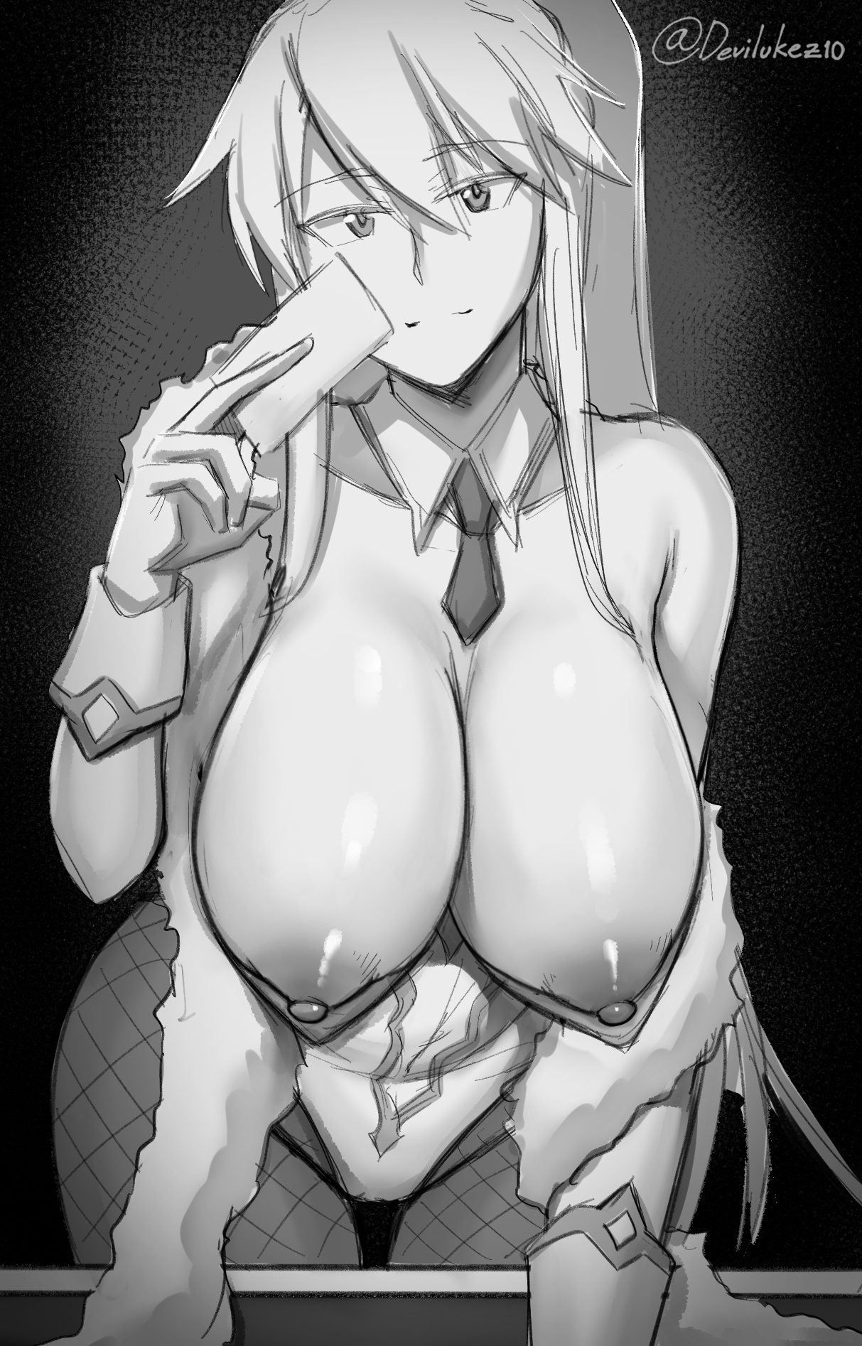 1girls, artoria pendragon, artoria pendragon (lancer), artoria pendragon (swimsuit ruler), breasts, breasts out, bunny ears, bunny girl, bunnysuit, card, devilukez, fate (series), female, fishnet pantyhose, fishnets, gloves, huge breasts, leaning forward, leotard, long hair, monochrome, nipples, pantyhose, smile, solo, thick thighs, wide hips