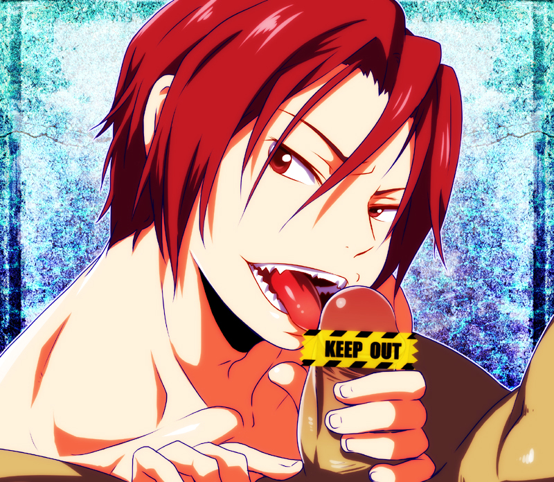 censored chinjuu_hibakichi free! licking_penis male male_only novelty_censor open_mouth red_eyes red_hair rin_matsuoka sharp_teeth yaoi