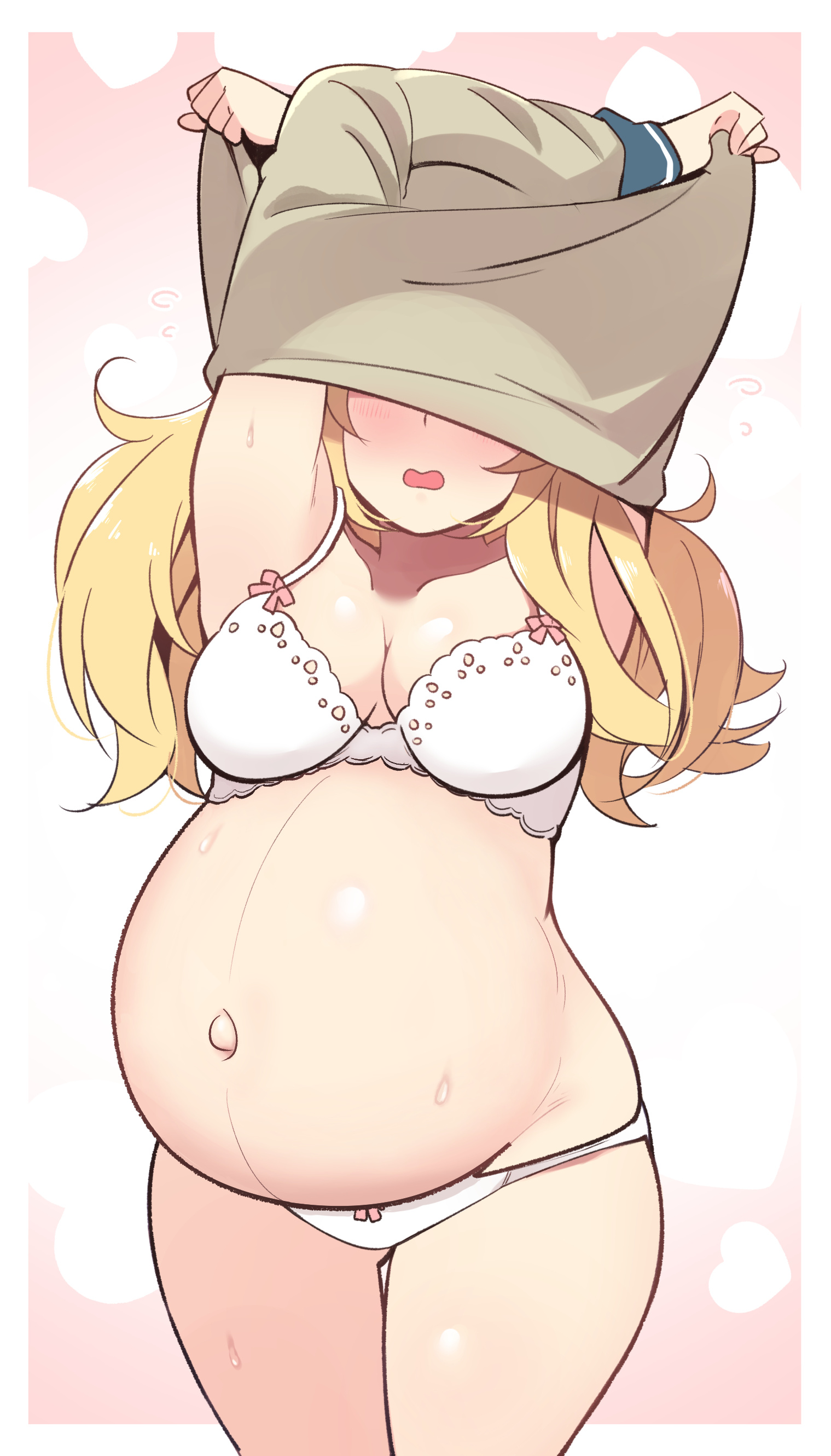 1girls, blonde hair, blush, bra, clothing, female, female only, gambier bay (kantai collection), kantai collection, legs together, long hair, matching underwear, open mouth, panties, pregnant, solo, struggling, stuck, suzuki toto, sweat, thick thighs, thigh gap, undressing, white bra, white panties, wide hips