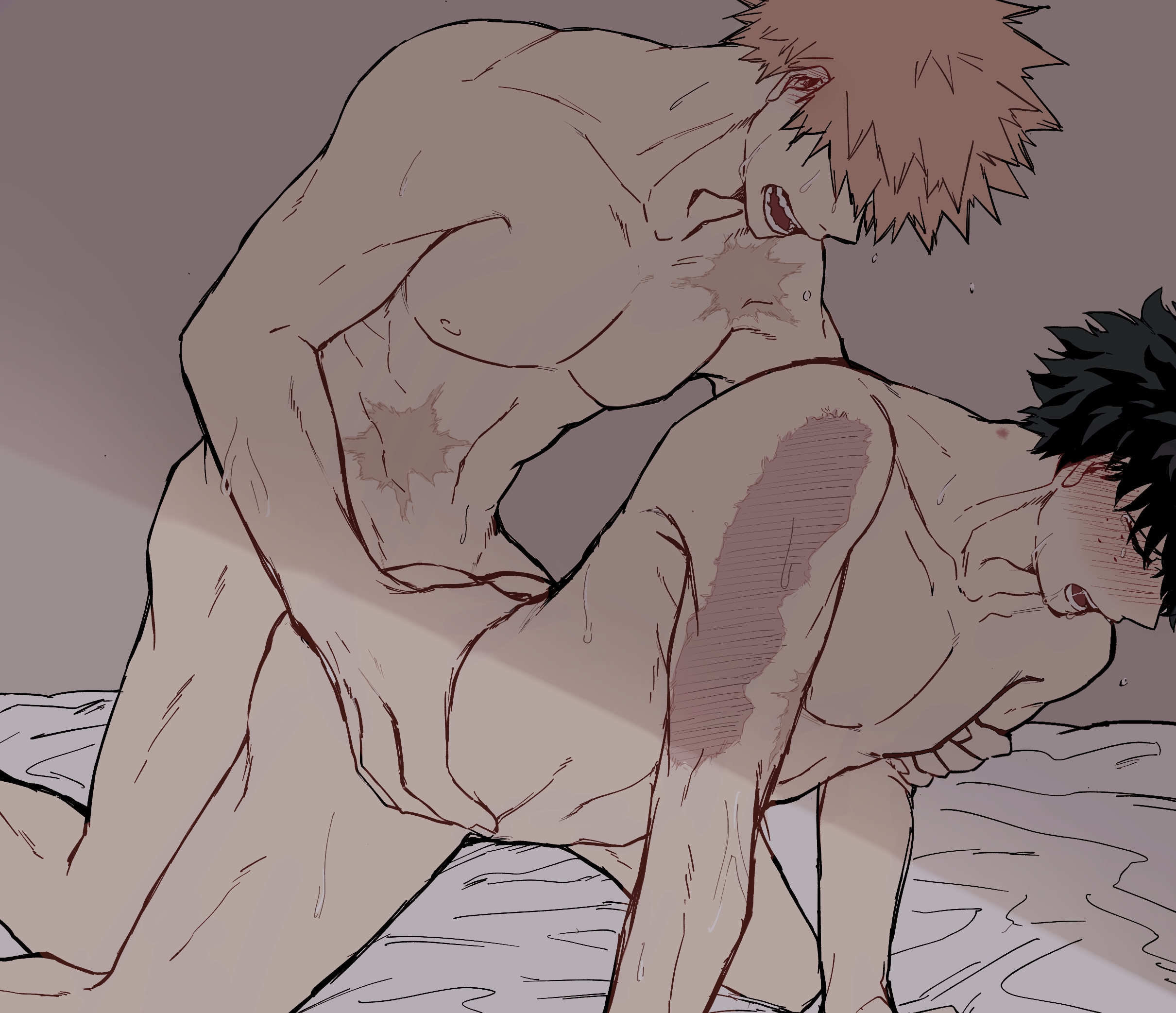 2boys, anal, anal sex, ass, blonde hair, completely nude, gay, green hair, hand on hip, hand on waist, izuku midoriya, katsuki bakugou, male, male only, male penetrated, male penetrating, male penetrating male, male/male, my hero academia, nude, nude male, open mouth, penetration, scar, scars, spiky hair, waist grab, yaoi