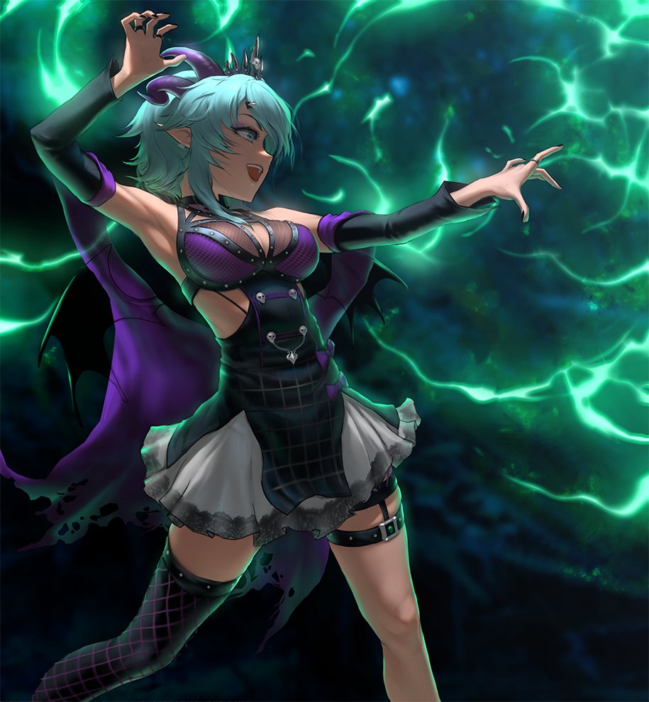 1girls, armpits, big breasts, blue hair, breasts, cape, cleavage, demon, demon girl, demon horns, demon wings, dress, elf ears, female, female only, froot, hair, happy, happy female, highres, horns, infi mt, magic, pointy ears, pose, posing, solo, thighhighs, thighs, virtual youtuber, vshojo