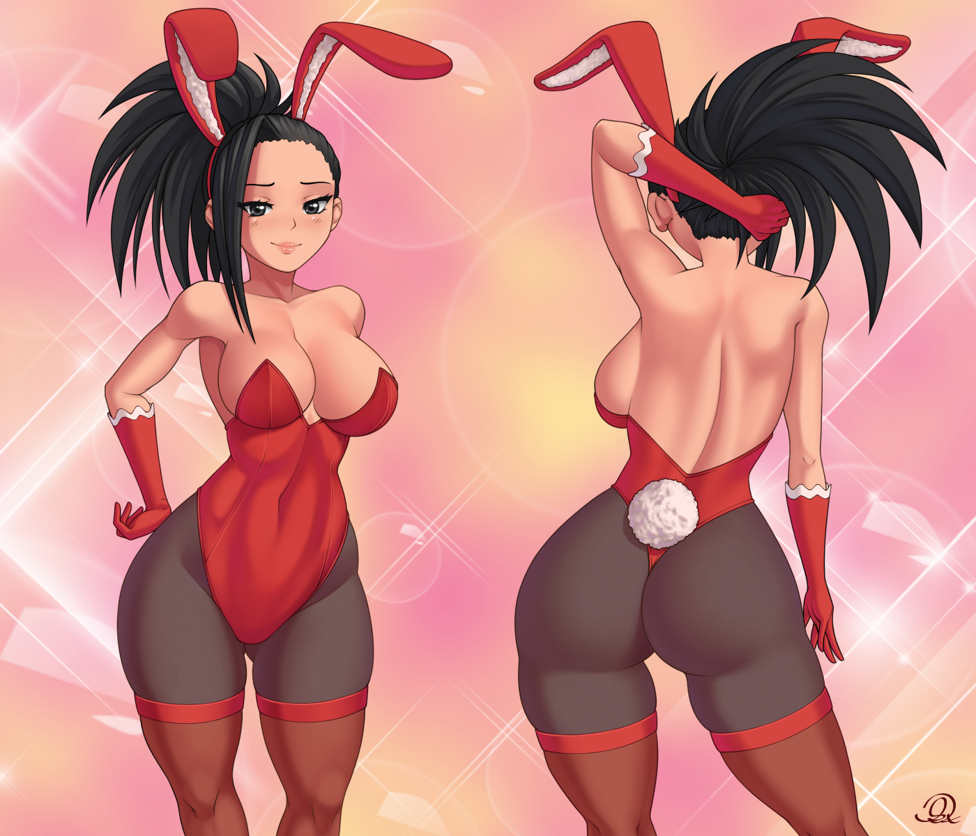 1girls, ass, big ass, big breasts, big butt, black hair, black-haired female, breasts, bunny ears, bunny girl, bunny tail, eye contact, female, gloves, large breasts, leotard, looking at viewer, momo yaoyorozu, my hero academia, pantyhose, rocky-ace, solo, standing, thick thighs, thighs, wide hips