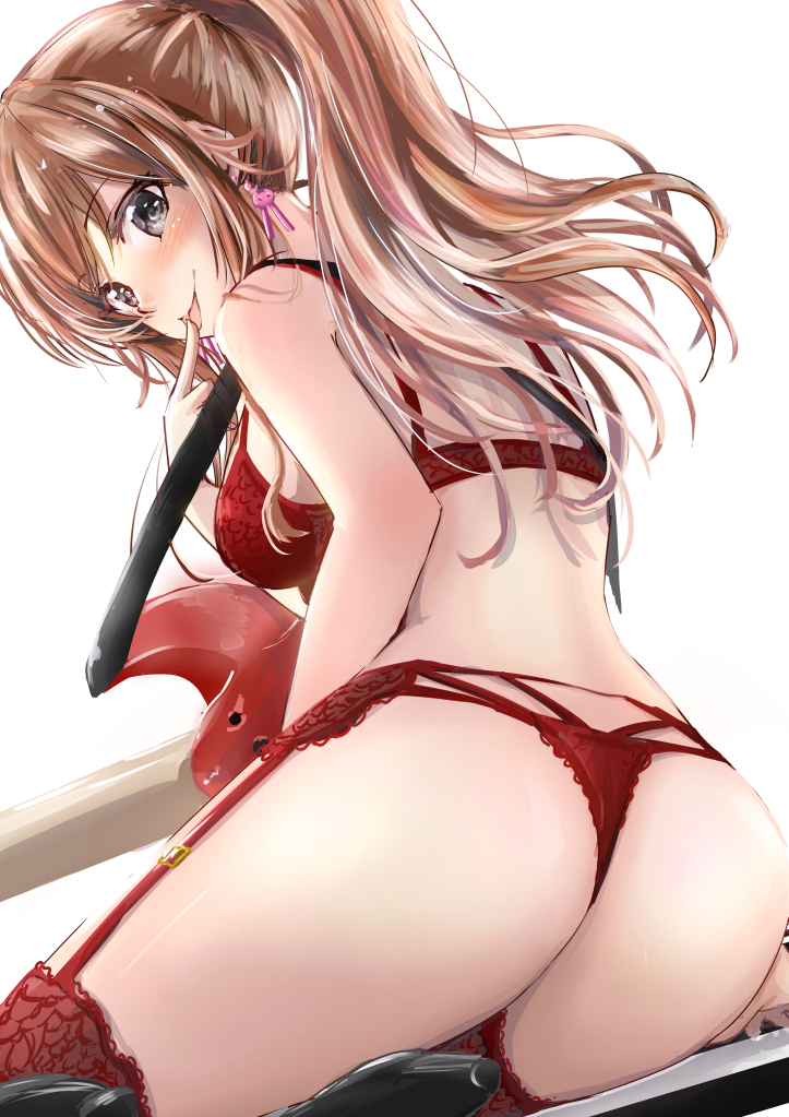 ass ass_focus bang_dream! bass_guitar bra breasts brown_hair earrings finger_to_mouth garter_belt garter_straps grey_eyes imai_lisa instrument jewelry lingerie looking_at_viewer panties picot_trim picot_trim_panties red_bra red_panties tongue tongue_out underwear