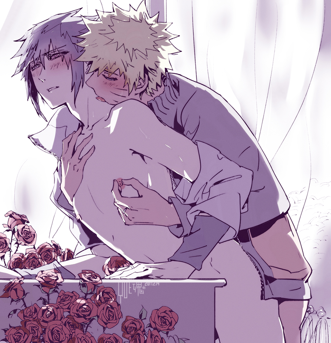 2boys, against table, black eyes, black hair, blue eyes, blush, bottomless, clenched teeth, clothed sex, curtains, duo, duo focus, gay, grabbing, grabbing from behind, half-dressed, heterochromia, indoors, licking, licking neck, long hair, male, male only, male penetrated, male penetrating, male/male, multiple boys, multiple males, naruto, naruto (series), naruto shippuden, nipple pinch, nipple tweak, off shoulder, open clothes, open shirt, partially clothed, rinnegan, roses, sasuke uchiha, shirt, short hair, standing, standing sex, table, taken from behind, uzumaki naruto, yaoi, yellow hair