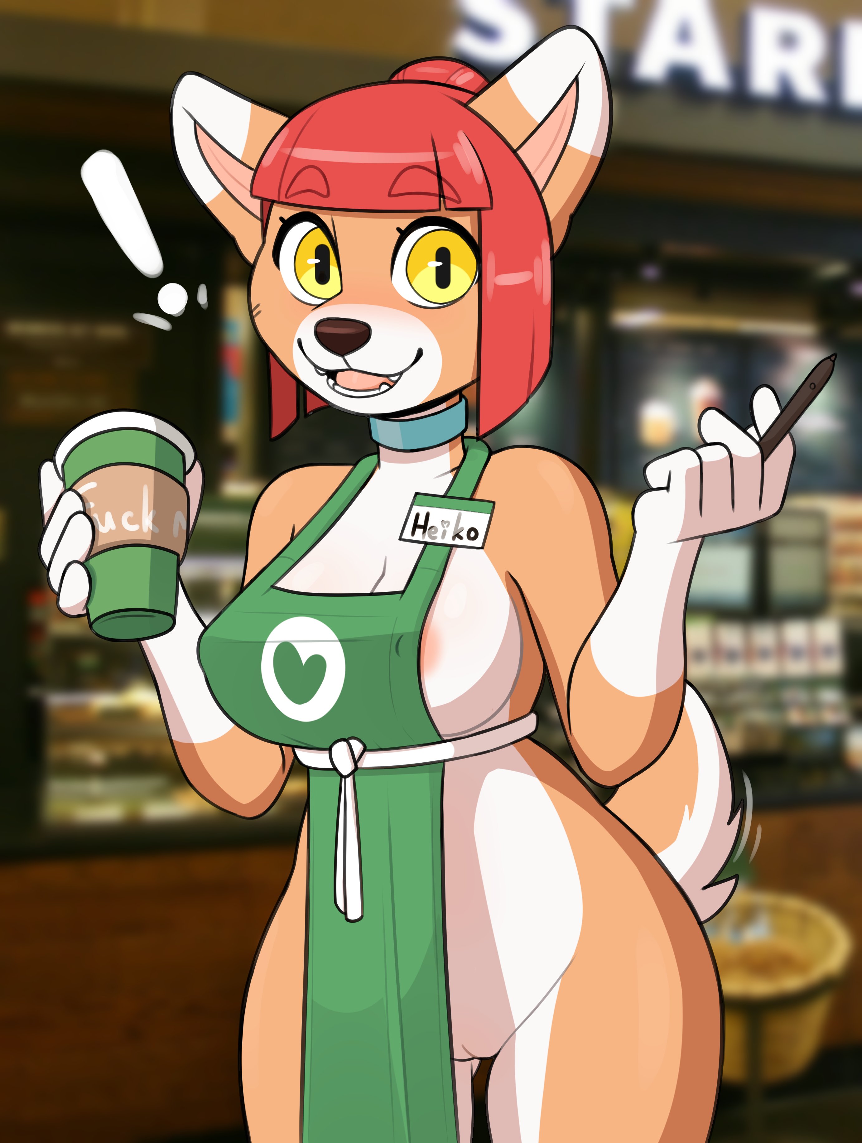 2021, absurd res, anthro, apron, apron only, areola, areola slip, blurred background, breasts, canid, canine, canis, clothing, container, countershade torso, countershading, cup, detailed background, digital media (artwork), domasarts, domestic dog, female, genitals, gloves (marking), green apron, hair, heiko (domasarts), hi res, holding cup, holding object, iced latte with breast milk, light, lighting, looking at viewer, mammal, markings, meme, mostly nude, name tag, open mouth, open smile, photo background, portrait, pussy, red hair, shaded, smile, solo, three-quarter portrait, yellow eyes