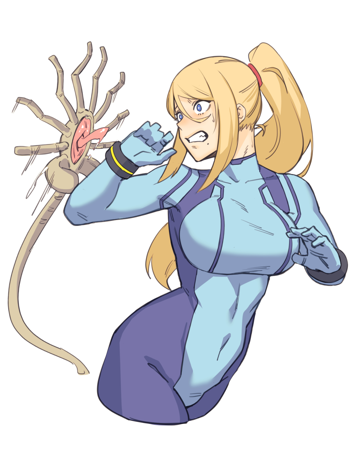 1boy, 1girls, 1monster, 2d, alien, alien (franchise), big breasts, blonde hair, blue bodysuit, blue eyes, bodysuit, breasts, clenched teeth, clothing, crossover, curvy, dyun, eastern and western character, facehugger, female, huge breasts, imminent rape, large breasts, legs together, long hair, male, metroid, monster, ponytail, samus aran, wide eyed, zero suit, zero suit samus