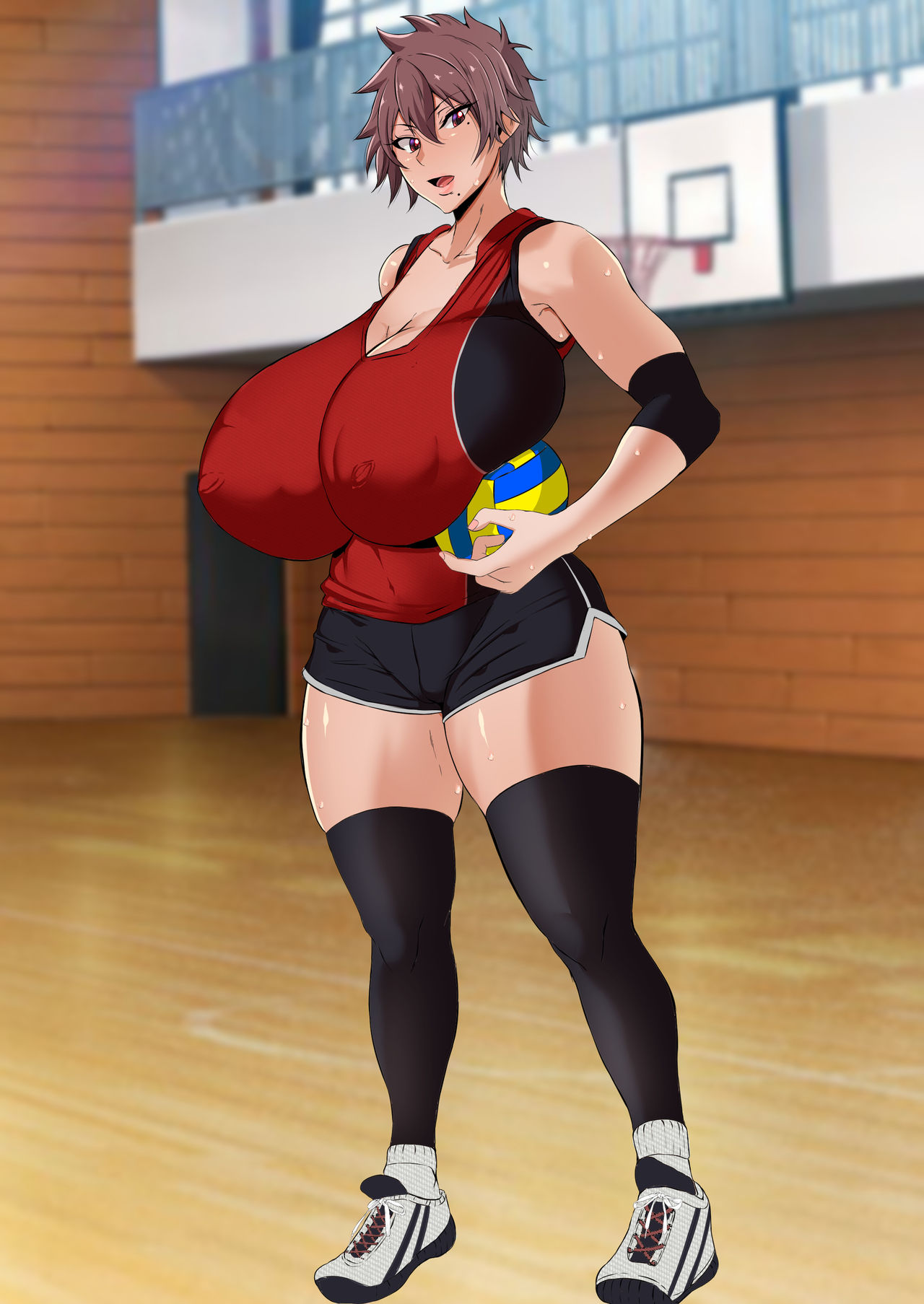 1girls, big breasts, breasts, female, female only, giant breasts, holding, holding ball, huge breasts, large breasts, massive breasts, mucc, puffy nipples, short hair, solo, standing, sweat, thick thighs, thighhighs, thighs, tight clothing, very short hair, volleyball, volleyball uniform, yukari-chan (mucc)