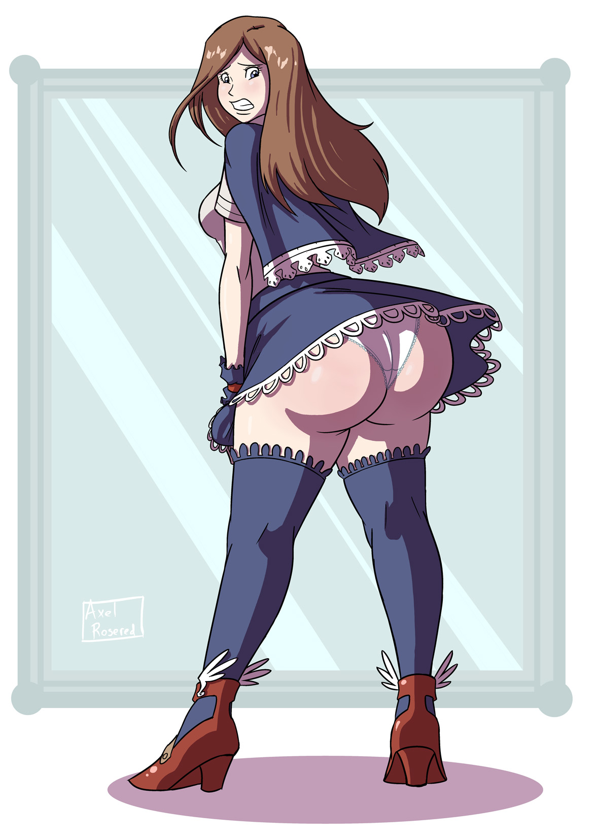 axel-rosered, big butt, blue eyes, blush, breasts, brown hair, butt, butt expansion, cape, castlevania, castlevania: portrait of ruin, charlotte aulin, clenched teeth, embarrassed, female, from behind, high heels, highres, huge butt, large butt, long hair, looking back, looking down, panties, shiny, shiny hair, shiny skin, sideboob, skirt, small breasts, solo, teeth, thighhighs, underwear, wrist cuffs