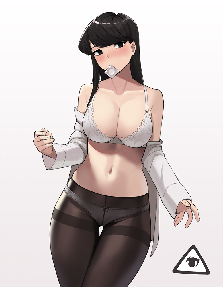 1girls big_breasts black_hair breasts condom condom_in_mouth cute_but_busty donburikazoku female komi-san_wa_komyushou_desu komi_shouko large_breasts long_hair panties pantyhose solo standing thick_thighs thighs