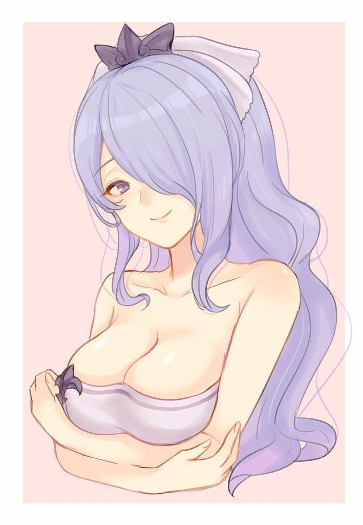 1girls akn_646 alternate_costume alternate_hairstyle bare_arms bare_shoulders blush breasts camilla_(fire_emblem) camilla_(hot_springs)_(fire_emblem) cleavage closed_mouth female fire_emblem fire_emblem_fates fire_emblem_heroes hair_covering_eye hand_under_breasts large_breasts long_hair naked naked_towel nintendo nude official_alternate_costume pink_background pink_lips pink_towel ponytail purple_eyes purple_hair shimizu_akina simple_background smile smiling_at_viewer solo upper_body