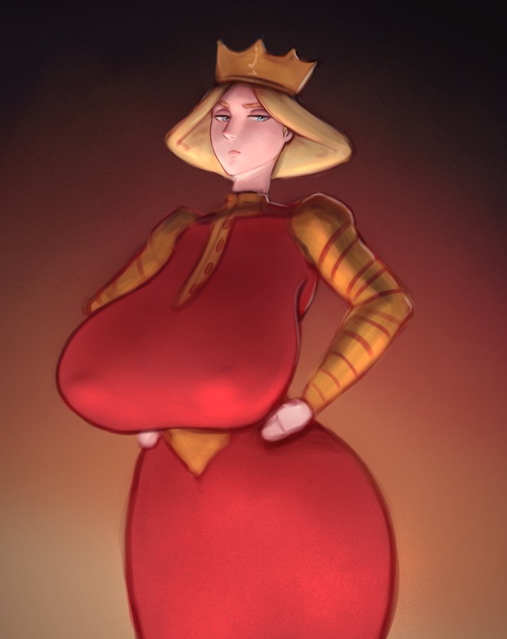 1girls, 2021, bangs, big breasts, big hips, breasts, clothed, clothing, crown, dark background, female, female focus, female only, fully clothed, gown, hair, hair ornament, half-closed eyes, hands on hips, hips, huge breasts, human, human only, humanoid, large breasts, large hips, light skin, light-skinned female, looking away, mature female, milf, nipple bulge, orange background, ousama ranking, pale skin, pale-skinned female, queen, queen hilling, royalty, shinyglute, short hair, simple background, solo, solo female, solo focus, thick, thick thighs, thighs, venus body, voluptuous, wide hips