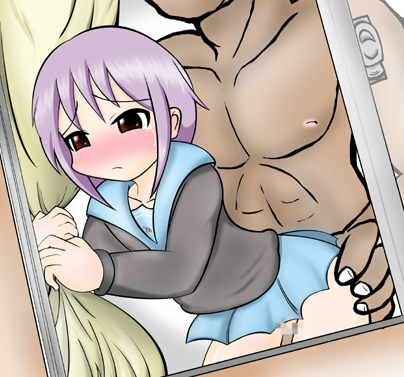 blush brown_eyes dark-skinned_male from_behind grabbing_ass grabbing_curtains interracial lowres mosaic_censoring nagato_yuki pubic_hair school_uniform size_difference sloneko straight suzumiya_haruhi_no_yuuutsu