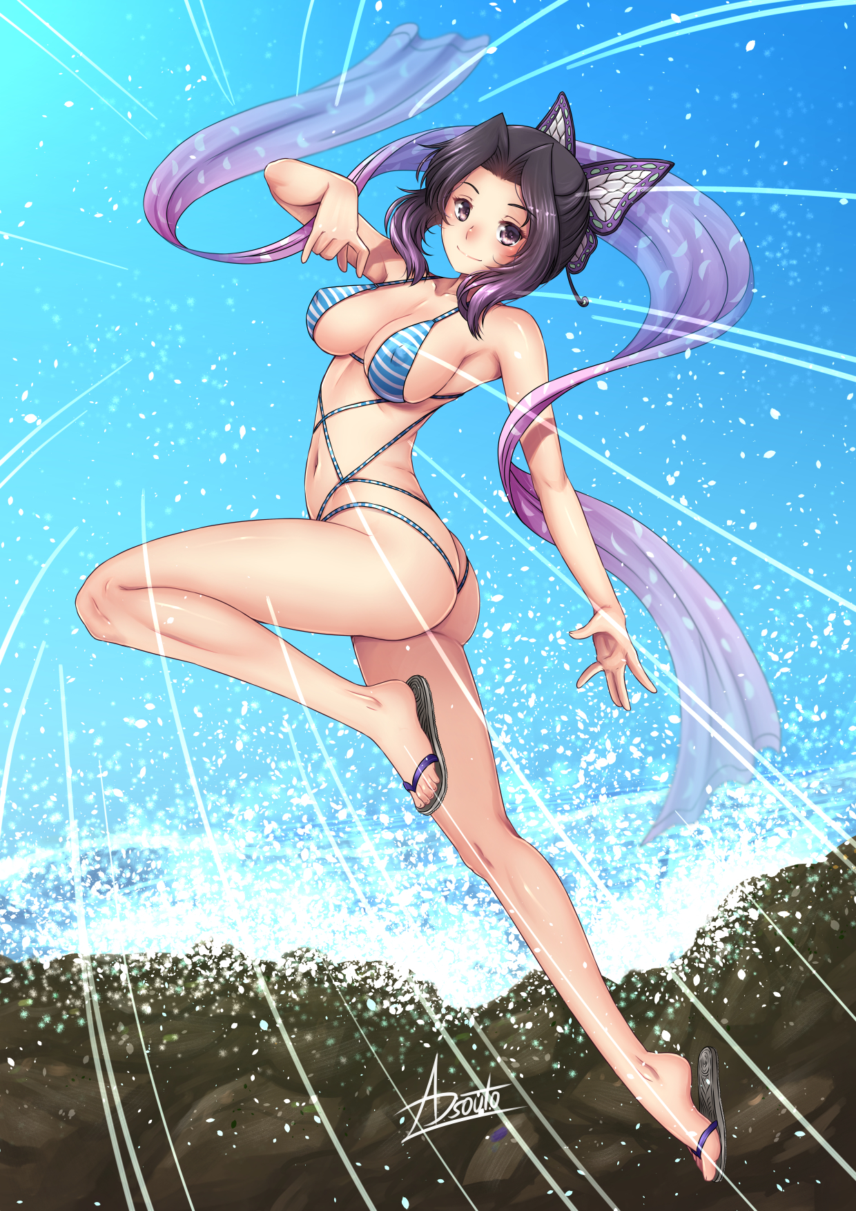 adsouto, alternate costume, bikini, black hair, breasts, butterfly hair ornament, cleavage, demon slayer, female, female only, full body, kimetsu no yaiba, kochou shinobu, looking at viewer, nipple bulge, outside, purple eyes, revealing clothes, sandals, scarf, sideboob, skimpy clothes, smile, solo, striped bikini, stripes, swimsuit, two-tone hair