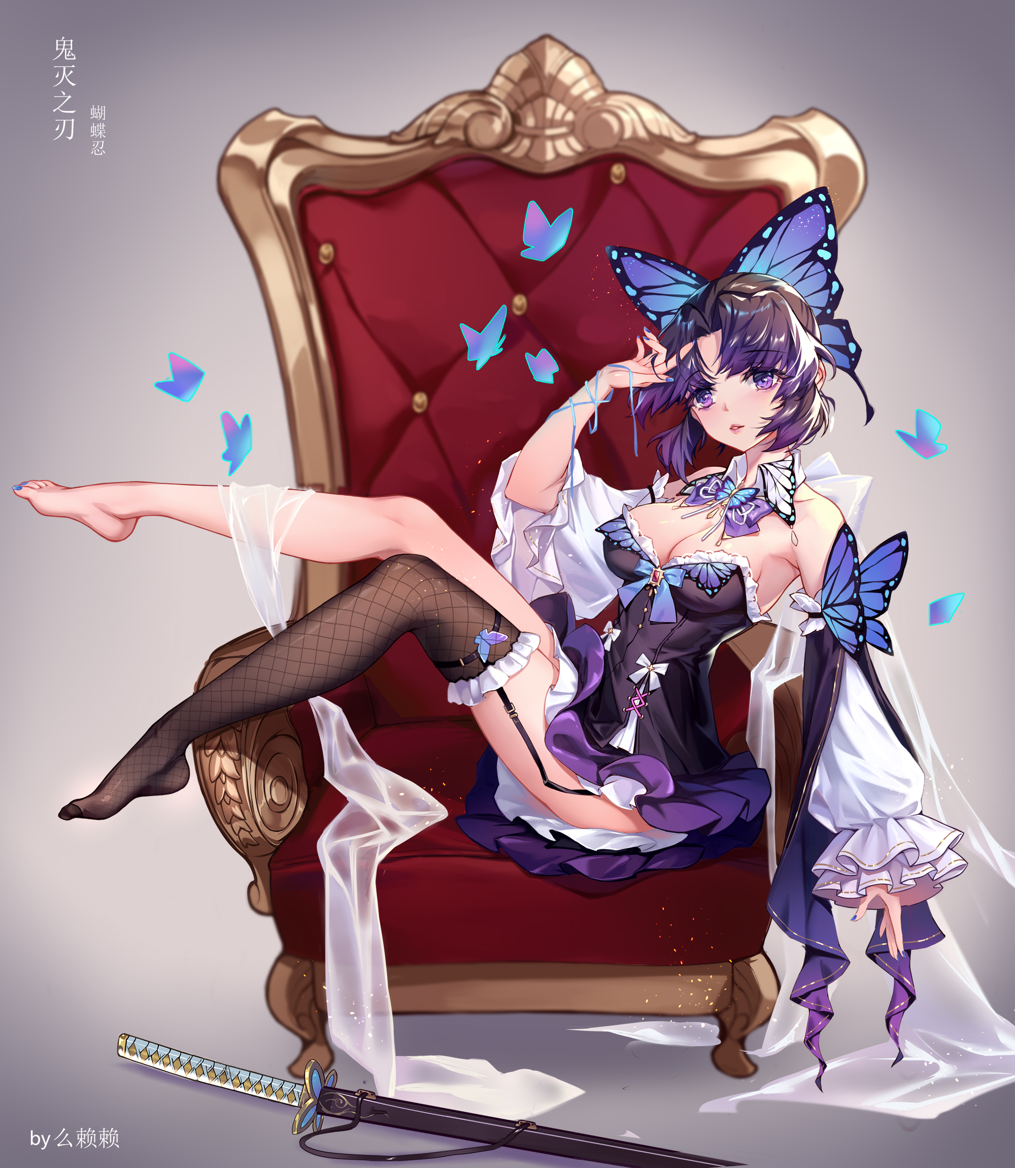1girls, absurd res, alternate costume, bare shoulders, barefoot, big breasts, black hair, blue nails, blue toenails, breasts, butterfly, butterfly hair ornament, cleavage, corset, demon slayer, detached collar, detached sleeves, dress, eyelashes, eyeliner, female, female only, frills, full body, garter belt, garter straps, hi res, kimetsu no yaiba, kochou shinobu, lingerie, lipstick, makeup, melailai, nail polish, purple eyes, purple hair, reclining, see-through, short hair, single thighhigh, sitting, solo, stockings, sword, throne, toenail polish, two-tone hair