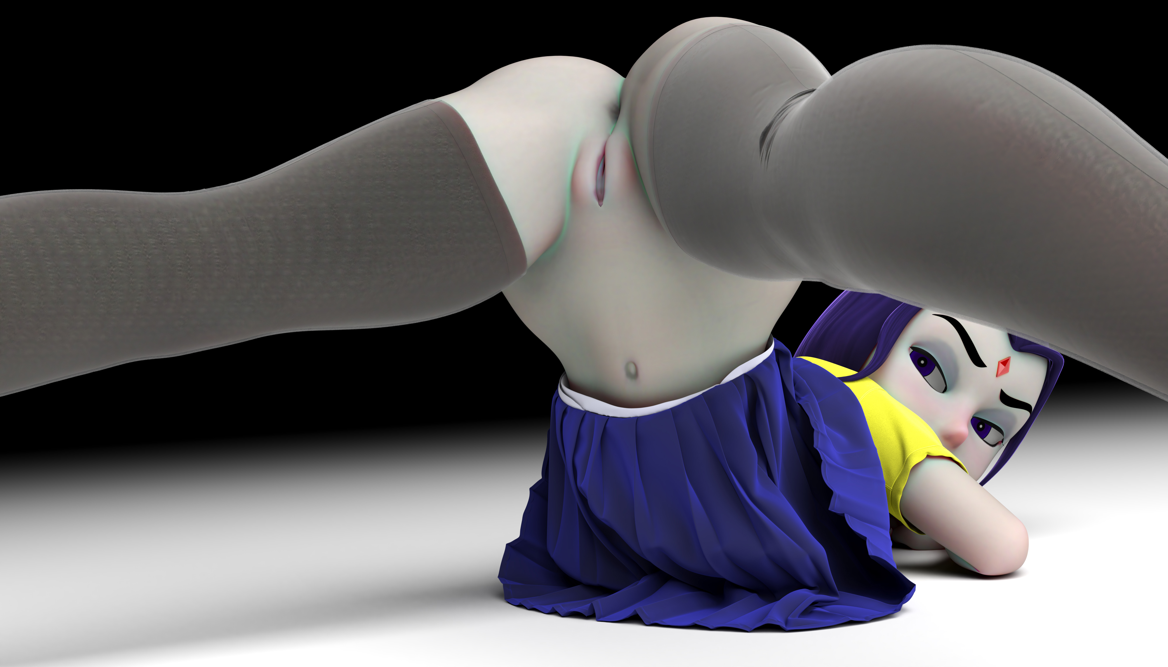 1girls, 3d, ass, blue skirt, bubble ass, bubble butt, dc, dc comics, face down ass up, female, female only, goth, gothic, jack-o pose, jackochallenge, light skin, light-skinned female, otomechidori, pale skin, pale-skinned female, purple hair, rachel roth, raven (dc), short hair, skirt, skirt lift, skirt up, spread legs, stockings, tagme, teen titans