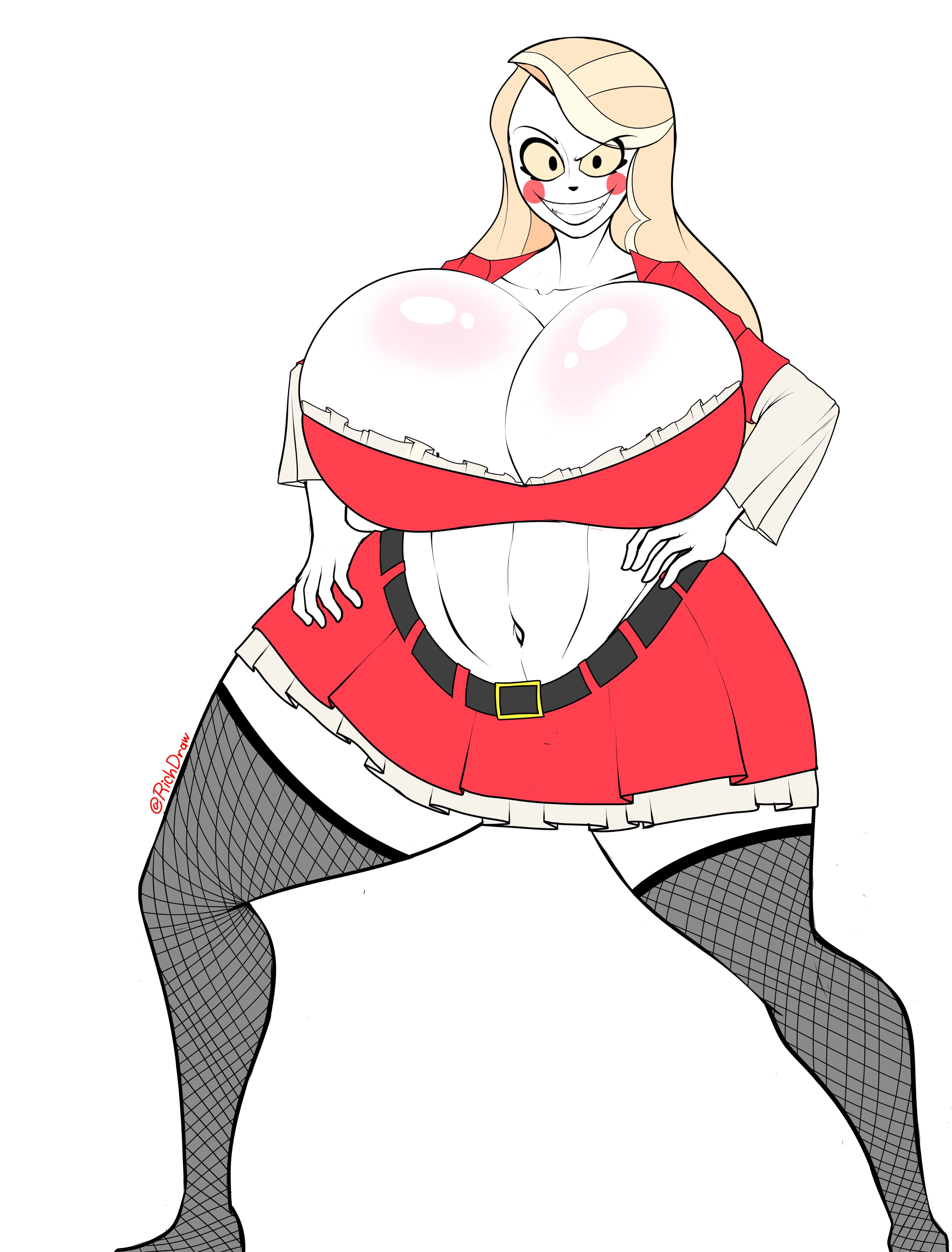 1girls, ass, big ass, big breasts, big butt, big hips, big thighs, breasts, charlie morningstar (hazbin hotel), cleavage, demon, demon girl, female, female focus, female only, fishnet legwear, fishnet stockings, fishnets, hazbin hotel, hourglass figure, huge ass, huge breasts, huge butt, huge hips, huge thighs, large ass, large breasts, large butt, looking at viewer, massive breasts, richdraw, simple background, smile, straight hair, white background, white body, wide hips, yellow sclera
