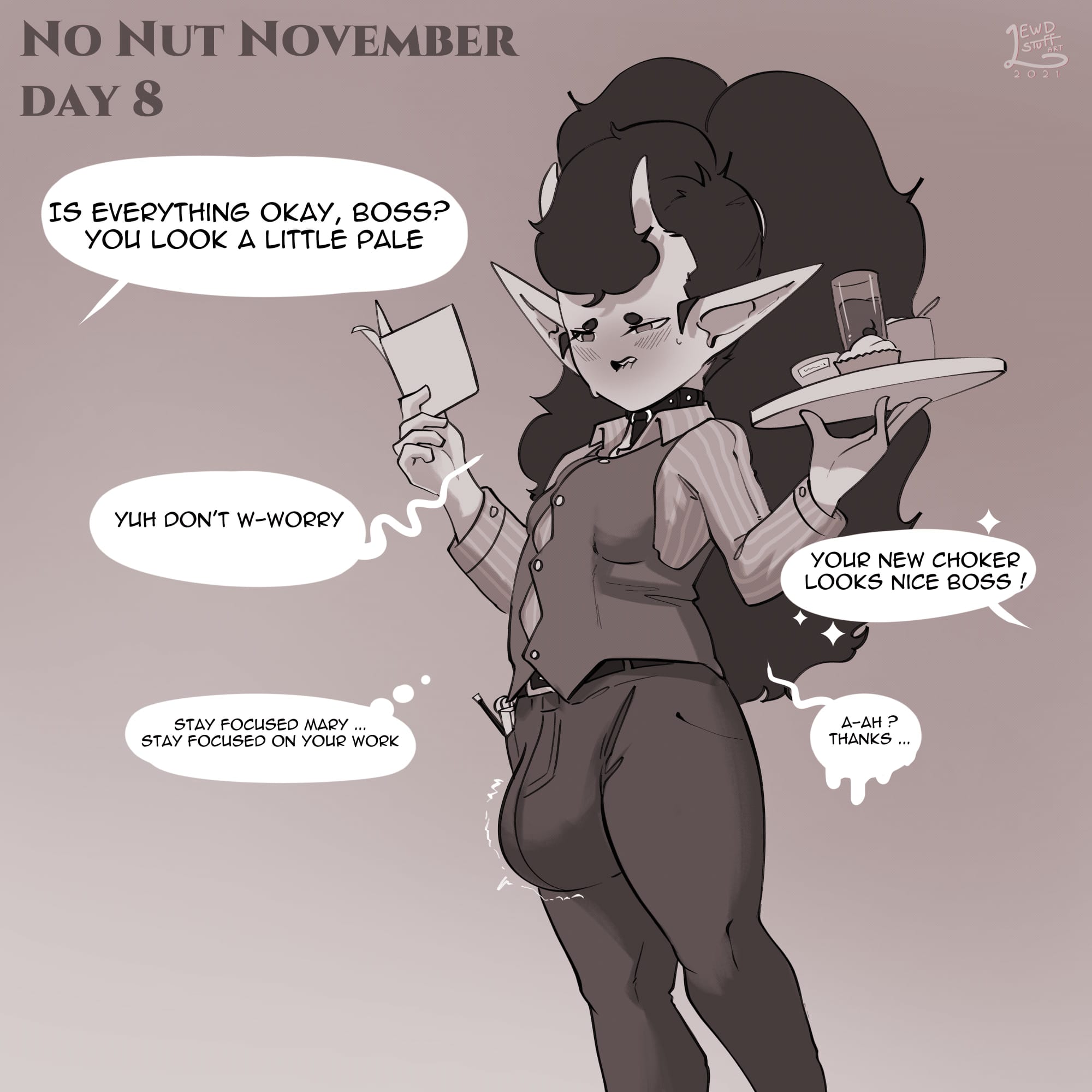 1futa, 1girls, balls, balls under clothes, blush, bulge, bulge through clothing, choker, clothed, clothing, demon, demon girl, erection under clothes, female, fully clothed, futa only, futanari, horns, huge bulge, huge cock, intersex, lewdstuff, light skin, mary (lewdstuff), monochrome, no nut november, offscreen character, original, pants, penis, small but hung, solo, speech bubble, succubus, sweat, thick thighs, thought bubble, unaware