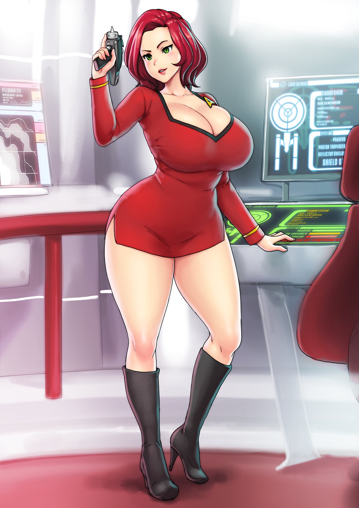 2020 barely_contained black_boots boots breasts bursting_breasts cleavage curvaceous curvy dress errorkazoo female full_body green_eyes gun hand_up hi_res high_heels high_resolution highres holding_gun holding_weapon hourglass_figure huge_breasts human lcars lipstick long_sleeves looking_to_the_side makeup medium_hair original_character parted_lips pencil_dress phaser red_dress red_hair red_shirt redhead revealing_clothes short_dress solo standing star_trek star_trek_the_original_series starfleet_insignia starfleet_uniform text thick thick_thighs thighs tight_clothing tight_dress tight_fit voluptuous weapon wide_hips