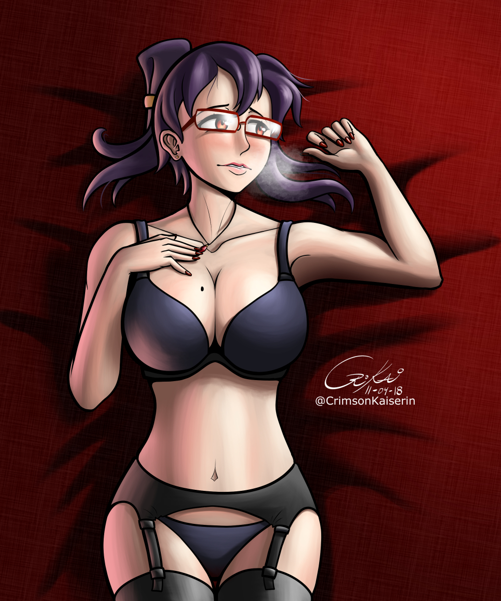 blush breasts crimson_kaiserin female female_focus female_only glasses light-skinned_female mole_on_breast purple_hair red_glasses red_nails rin_(senran_kagura) senran_kagura solo solo_female suzune_(senran_kagura)