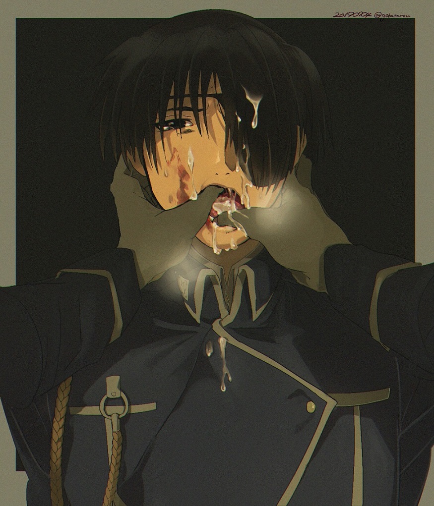 1boy blood cum cum_in_mouth cum_on_clothes cum_on_face eyepatch fingers_in_mouth fullmetal_alchemist gay holding_mouth_open male male_only open_mouth roy_mustang spread_mouth yaoi