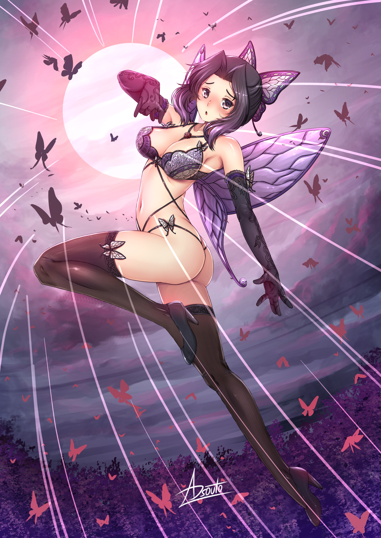 adsouto, alternate costume, black gloves, black hair, black legwear, black thighhighs, blush, butterfly, butterfly hair ornament, butterfly wings, cleavage, demon slayer, detailed background, elbow gloves, female, female only, full body, gloves, high heels, kimetsu no yaiba, kochou shinobu, lace-trimmed bra, lace-trimmed thighhighs, lingerie, looking at viewer, moon, night, outside, purple eyes, revealing clothes, solo, stockings, thighhighs, two-tone hair, wings, wisteria (flower), zettai ryouiki