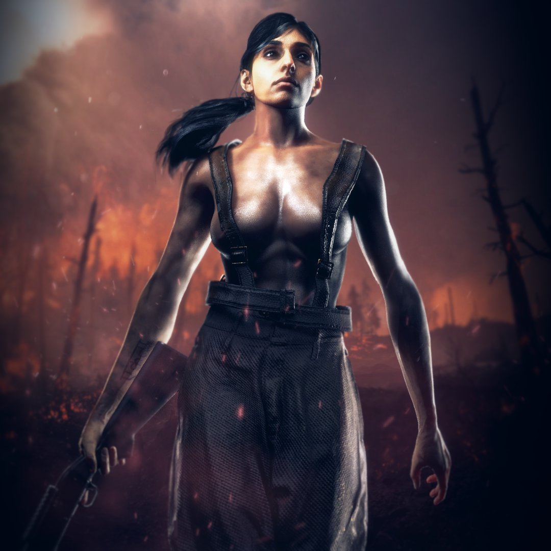 1girls black_hair breasts call_of_duty call_of_duty_vanguard detailed_background flickytuts gun looking_away naked_overalls overalls padmavati_balan_(cod) solo_female suspenders topless