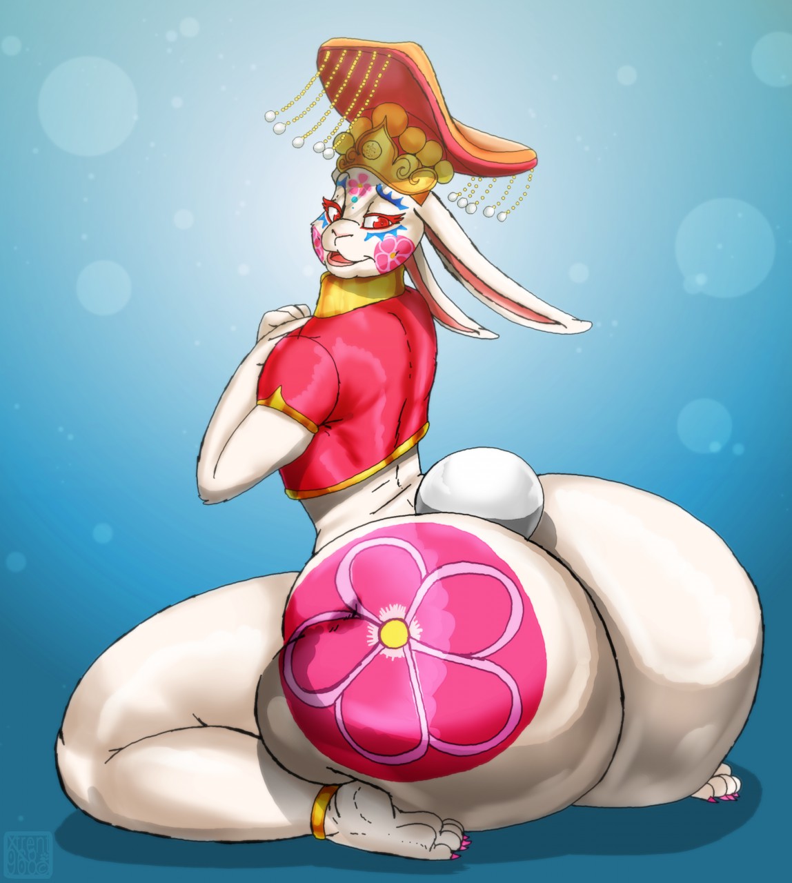 anthro anthro_focus ass back big_ass big_butt blue_background bunny femboy floral_print girly huge_ass huge_butt hyper hyper_ass hyper_butt lagomorph lapine large_ass large_butt looking_at_viewer looking_back male male_focus male_only massive_ass massive_butt on_knees painted_nails partially_clothed rabbit red_eyes royalty solo solo_focus solo_male thick_thighs virtue's_last_reward white_fur xtrent968 zero_escape zero_iii