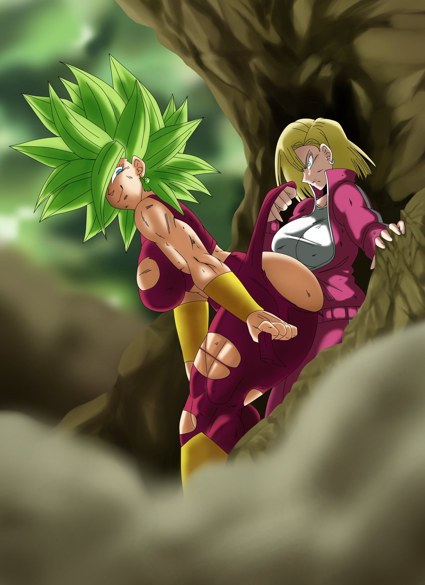 2girls, android 18, angry, ass, ass press, big ass, big breasts, big butt, blonde hair, blue eyes, breasts, charge sol, dragon ball, dragon ball super, earrings, female, female only, fusion, green eyes, green hair, happy, huge ass, huge breasts, irritated, kefla, legendary super saiyan, looking back, multiple females, multiple girls, muscular, muscular female, pressing against, ripped clothing, ripped pants, saiyan, smile, smiling, smug, super saiyan, super saiyan 2, thick, thick ass, thick legs, thick thighs, thighs, tournament of power, yuri