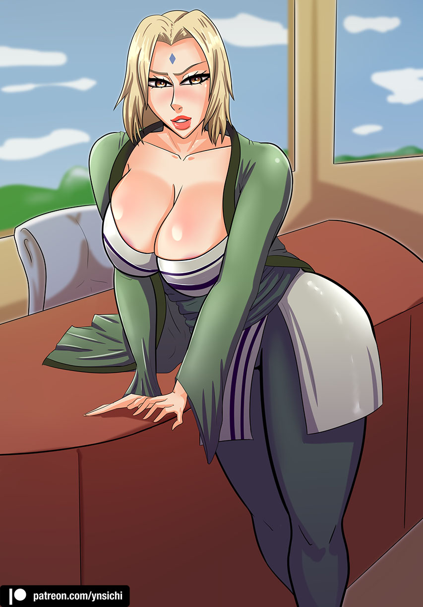 1girls, 5 fingers, big breasts, blonde hair, breasts, brown hair, cleavage, eyebrows, eyelashes, female, female only, hair, hips, human, human only, humanoid, large breasts, lips, looking at viewer, milf, naruto, naruto (series), naruto shippuden, short hair, solo, solo female, text, thick, thick thighs, thighs, tsunade, voluptuous, watermark, wide hips, ynsichi