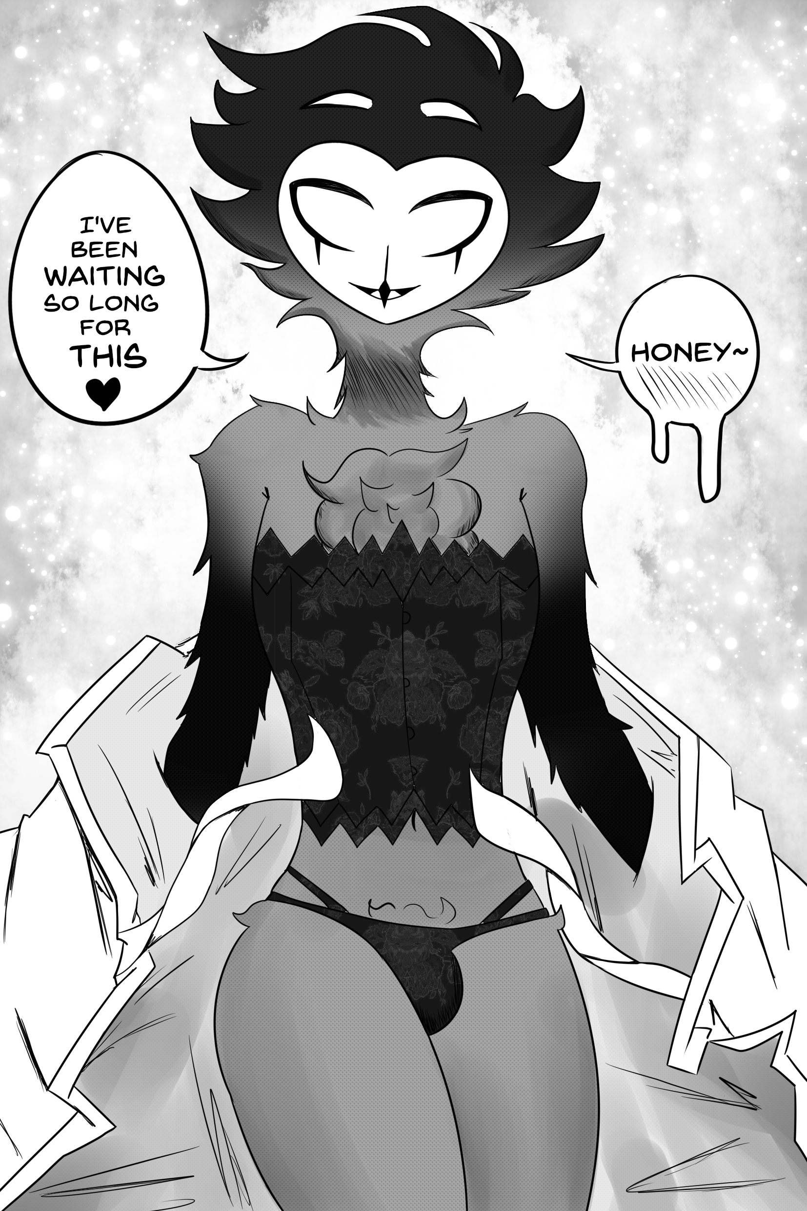 absurd res, avian, bird, black and white, bulge, clothing, comic, dialogue, dialogue box, femboy, femboy dilf, fluffy, fluffy chest, heart, helluva boss, hi res, leponsart, lingerie, male, monochrome, owl, owl demon, romantic, romantic ambiance, seductive, simple background, smile, solo, stolas (helluva boss), undressing
