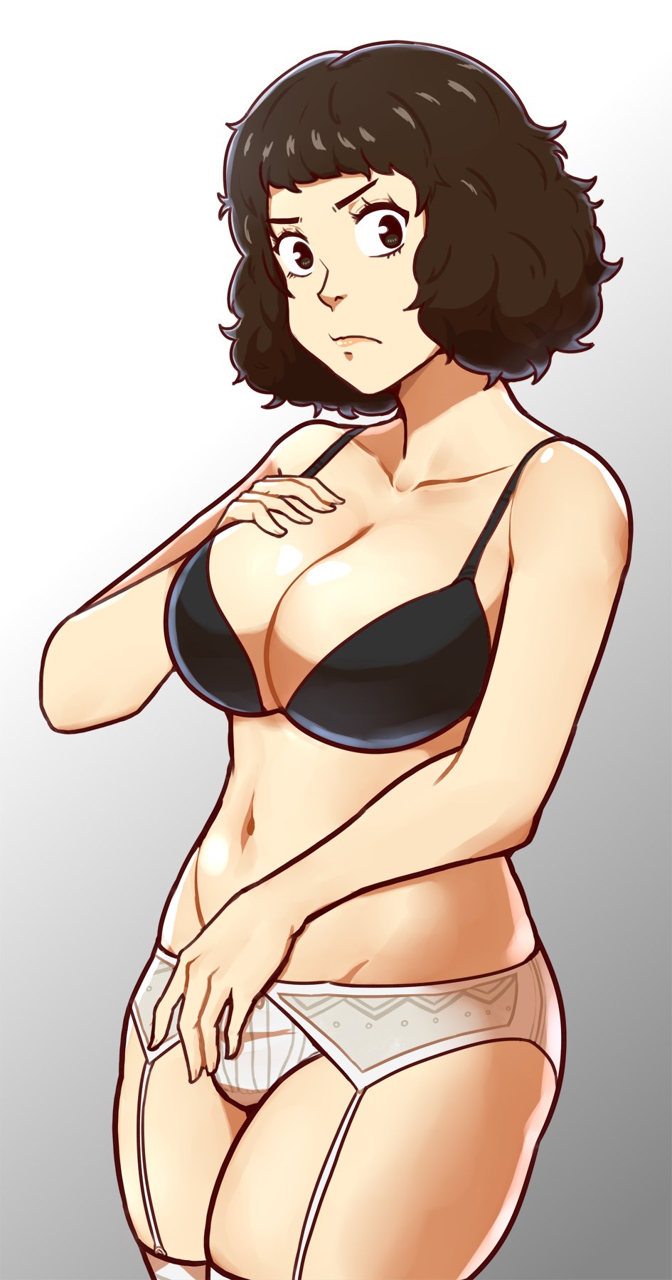 91m10, black bra, bra, breasts, brown hair, female, female focus, female only, floofy hair, light skin, light-skinned female, looking at viewer, persona, persona 5, sadayo kawakami, shin megami tensei, short hair, solo, solo female, thighs, voluptuous
