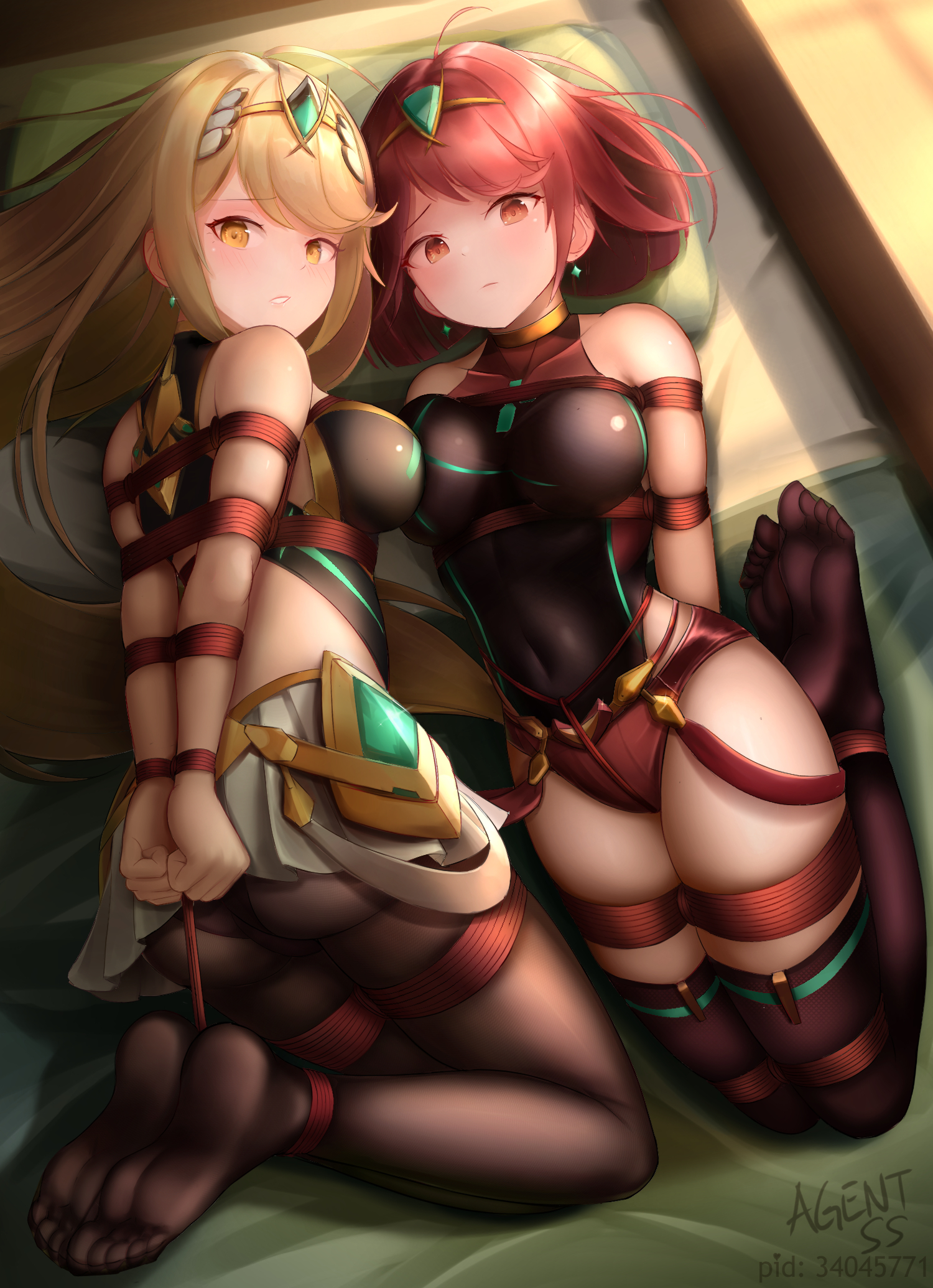 2girls, arms behind back, ass, bdsm, bed, blonde hair, blush, bodysuit, bondage, feet, female, female only, femsub, hi res, hogtie, looking at viewer, lying, multiple females, multiple girls, multiple subs, mythra, nintendo, on side, pyra, red eyes, red hair, red rope, rope, rope bondage, skirt, stockings, thighs, xenoblade (series), xenoblade chronicles 2, yellow eyes