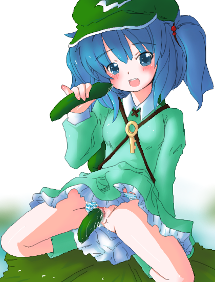 akihara_nakuru blue_hair blush censored clothing clothing_aside cucumber cucumber_in_pussy cucumber_masturbation dildo female female_only food food_insertion hat key nitori_kawashiro object_insertion open_mouth panties_aside pantsu sex_toy short_hair solo striped_panties touhou two_side_up underwear underwear_aside vaginal_penetration vegetable_dildo