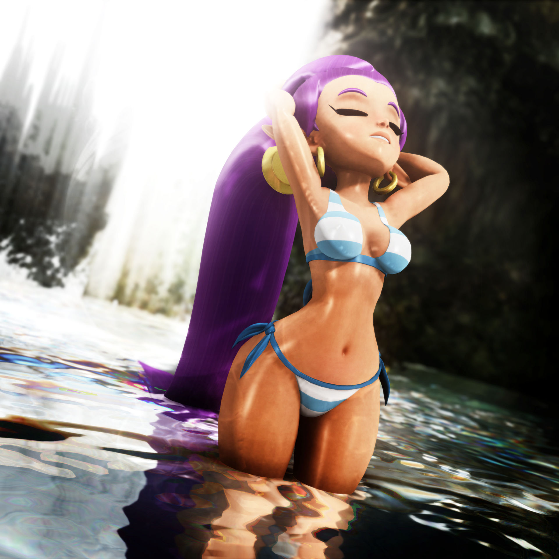 1girls, 3d, armpits, arms behind head, ass, belly, belly button, big breasts, bikini, breasts, busty, child bearing hips, cleavage, closed eyes, dark skin, dark-skinned female, female, female only, forehead, large ass, large breasts, midriff, navel, ponytail, pose, purple hair, seductive, shantae, shantae (character), smooth skin, solo, swimsuit, thick thighs, very long hair, virtualblueam2, voluptuous, water, wet, wide hips
