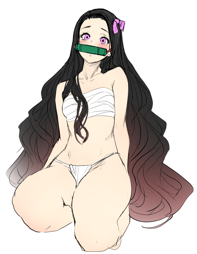 black hair, blush, breasts, demon slayer, female, female only, fundoshi, gag, gradient hair, hair ribbon, kamado nezuko, kimetsu no yaiba, kneeling, long hair, looking at viewer, pink eyes, sarashi, sitting, small breasts, solo, thick thighs, two-tone hair, very long hair, wavy hair, zucchini