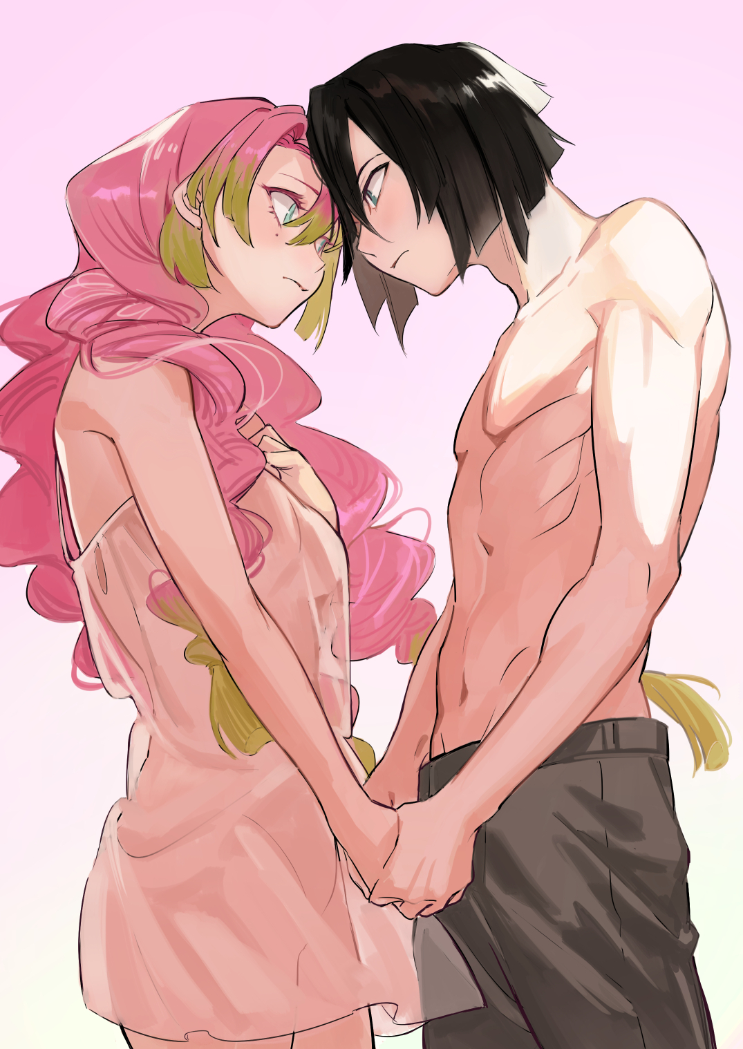 1boy, 1girls, ameko, black-haired male, blush, braided hair, canon couple, demon slayer, female, hand holding, holding hands, iguro obanai, kanroji mitsuri, kimetsu no yaiba, long hair, looking at another, male, mole under eye, pink hair, pink-haired female, see-through clothing, toned, toned male, topless, topless male, two-tone hair, wholesome