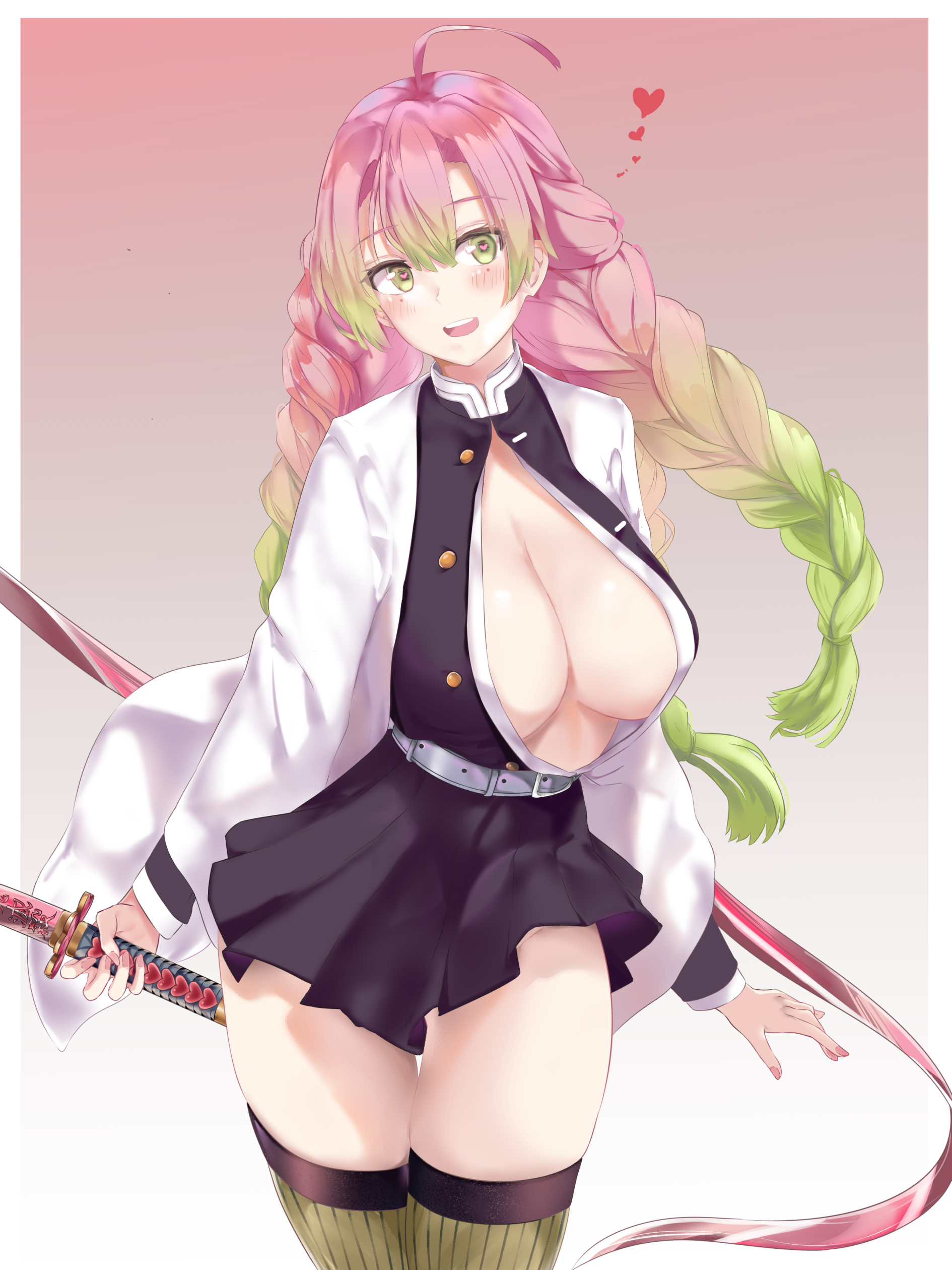1girls, ahoge, bangs, big breasts, braided hair, breasts, cleavage, demon slayer, female, female only, gradient hair, green eyes, haori, heart-shaped pupils, kanroji mitsuri, katana, kimetsu no yaiba, long hair, miniskirt, no bra, open shirt, pink hair, pink-haired female, pleated skirt, ru zhai, sagging breasts, smile, solo, sword, thighhighs, two-tone hair, uniform